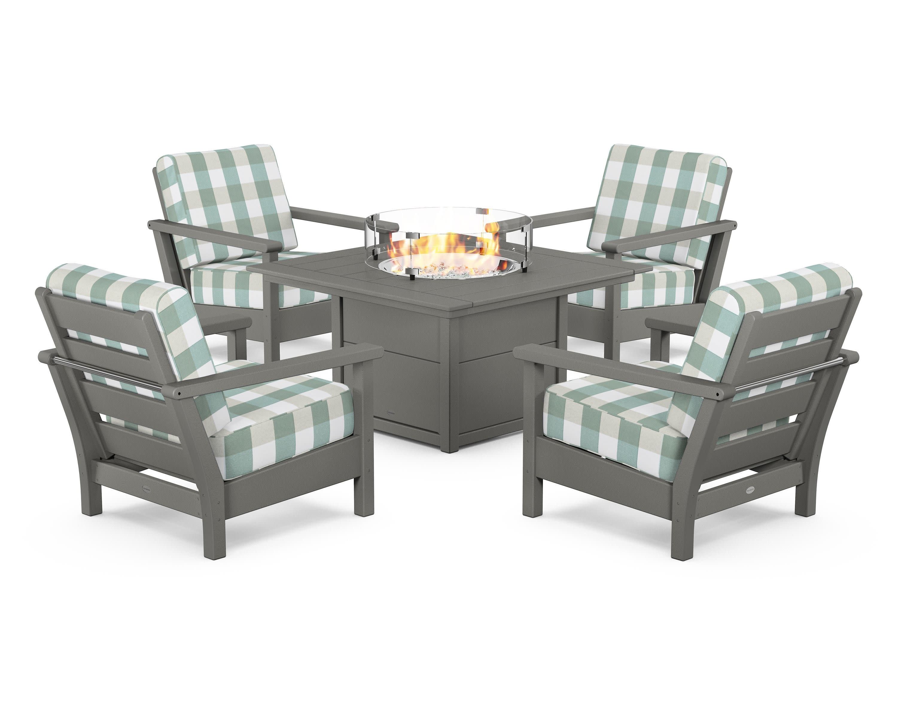 Harbour 5-Piece Conversation Set with Fire Pit Table in Slate Grey / Buffalo Plaid Glacier Spa