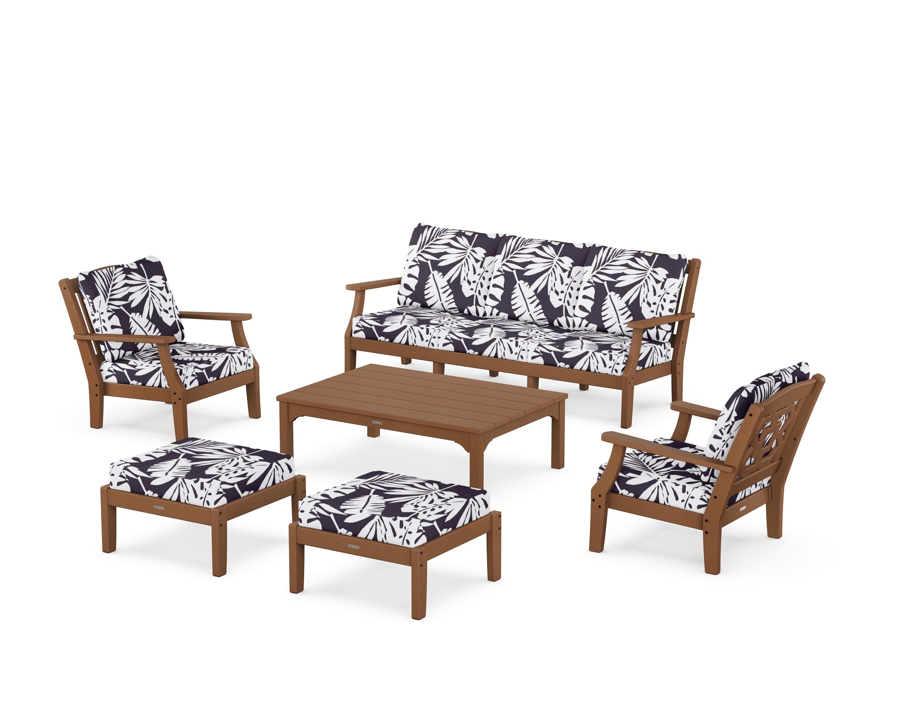 Chinoiserie 6-Piece Lounge Sofa Set in Teak / Leaf Navy