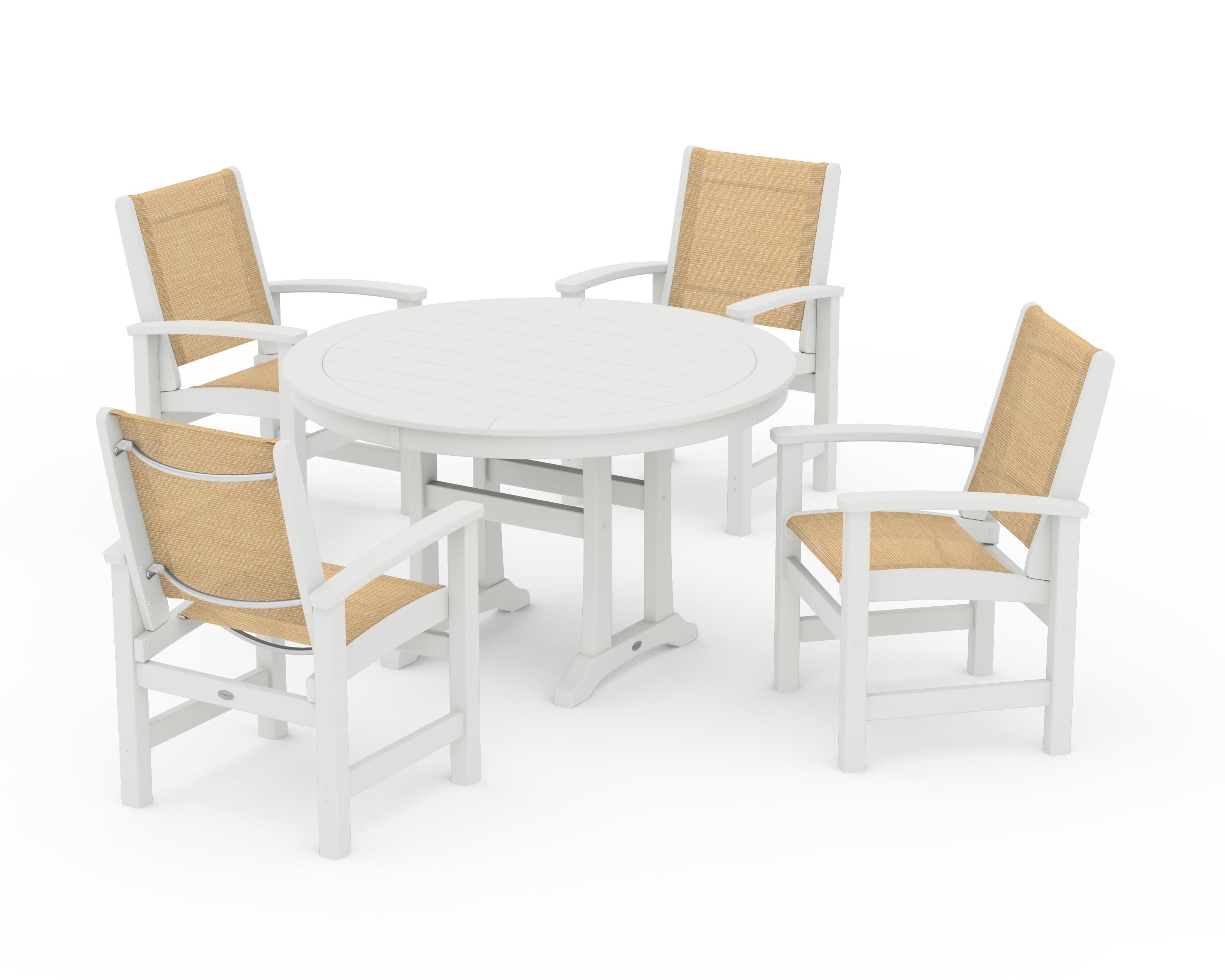 Coastal 5-Piece Round Dining Set with Trestle Legs in Vintage White / Dupioni Apricot Sling