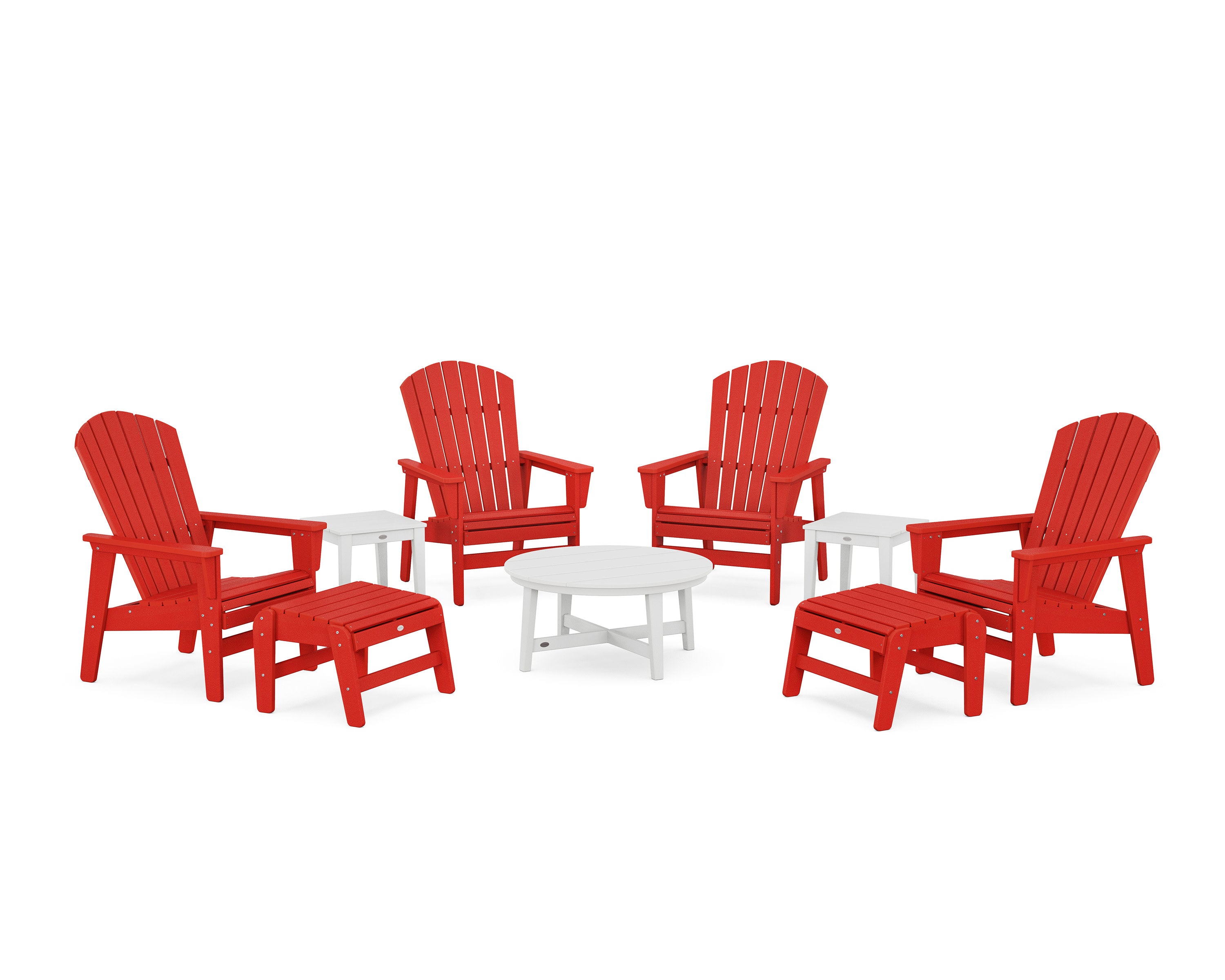 Nautical Grand Upright Adirondack 9-Piece Conversation Set in Sunset Red / White