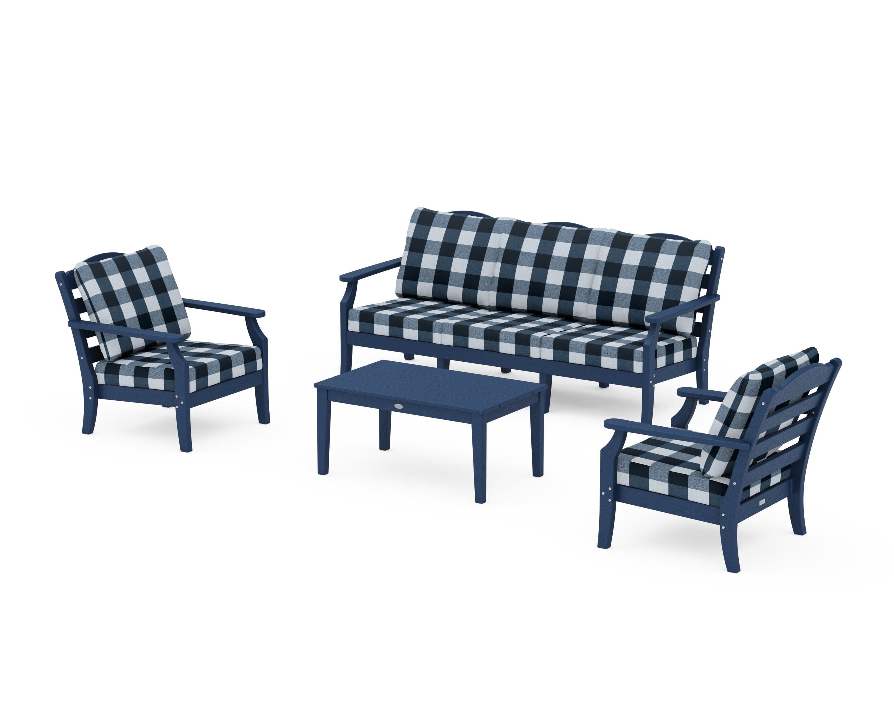 Savannah 4-Piece Deep Seating Set with Sofa in Navy / Buffalo Plaid Marine Indigo