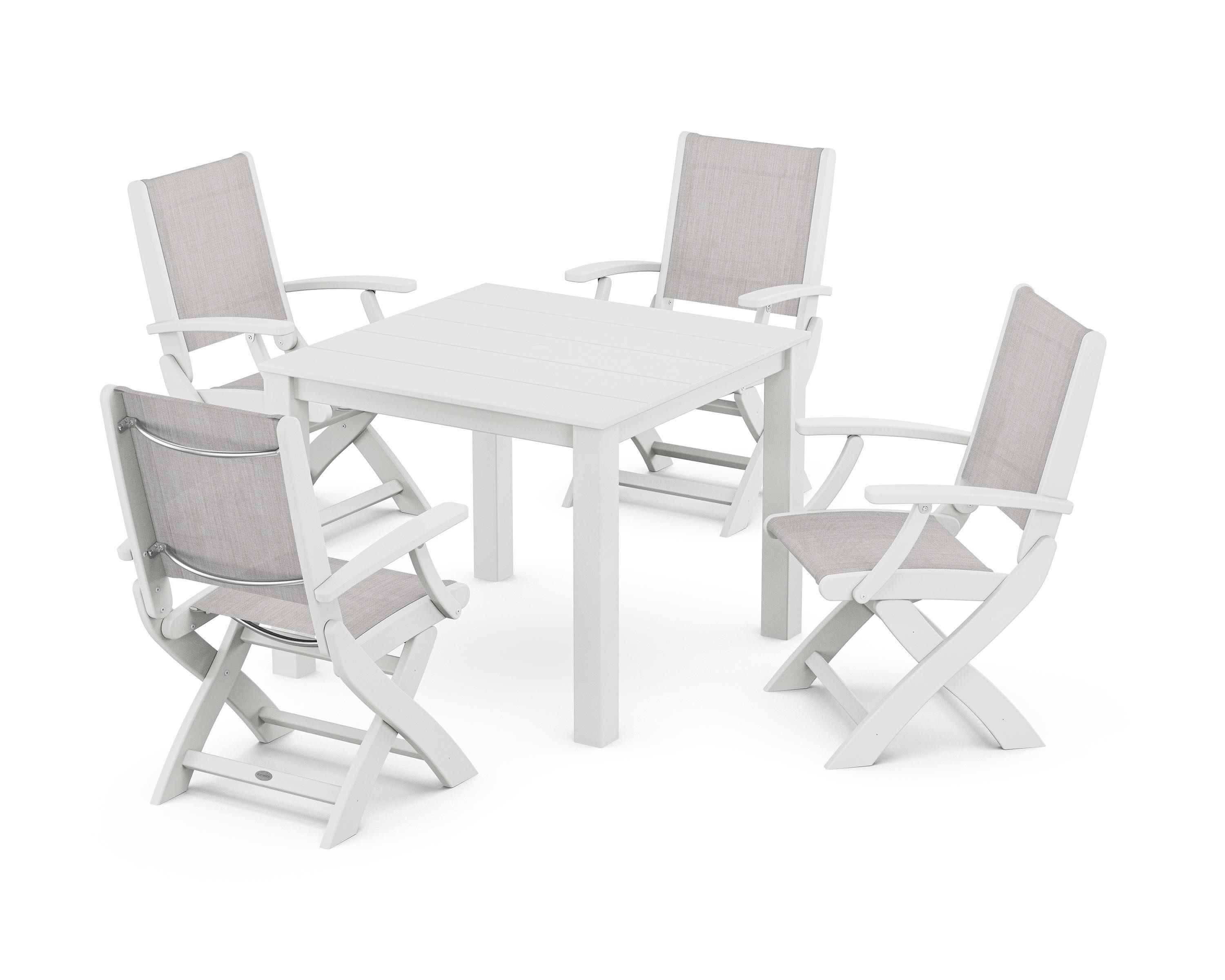 Coastal Folding Chair 5-Piece Parsons Dining Set in White / Parchment Sling