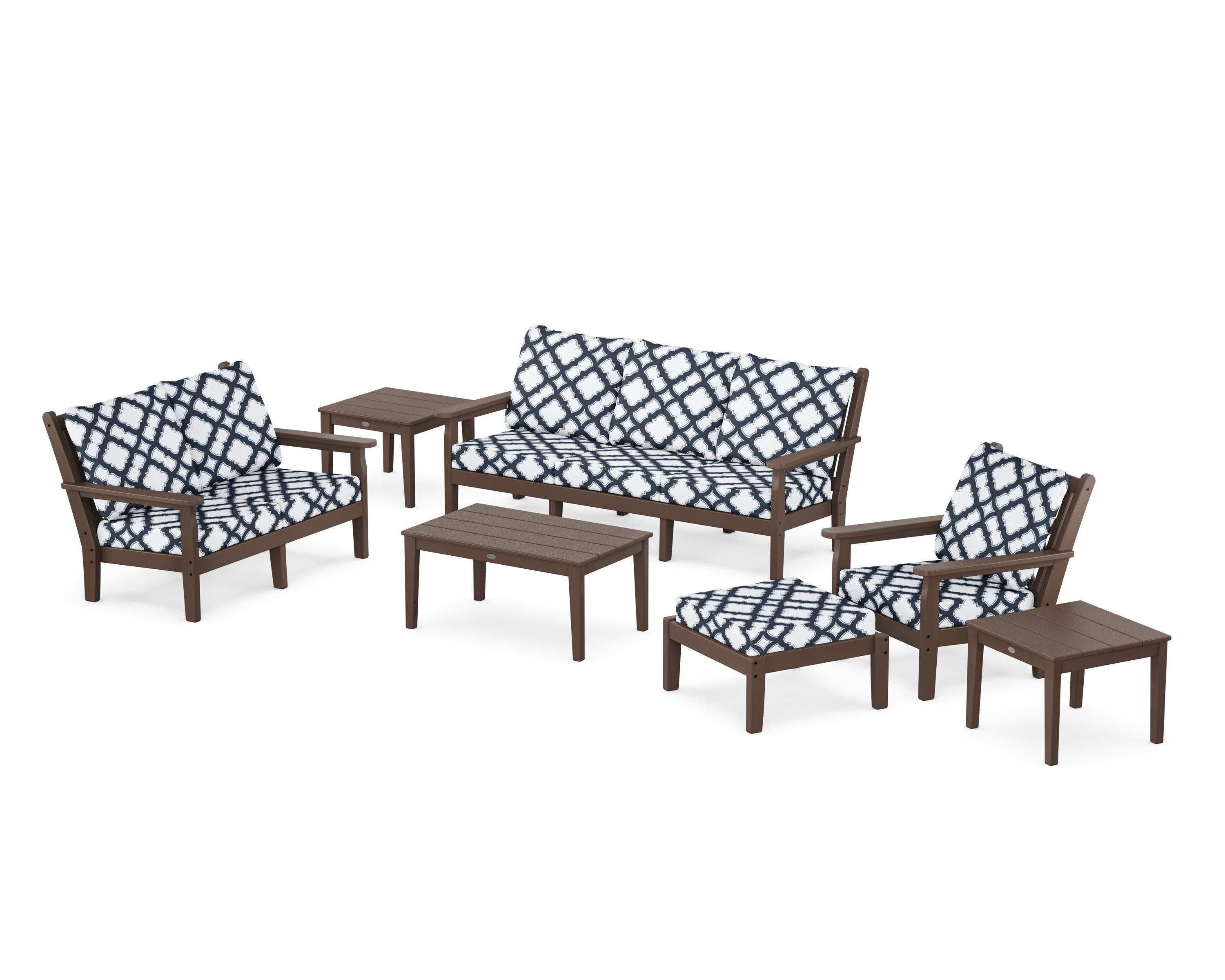 Chippendale 7-Piece Deep Seating Set in Mahogany / Trellis Marine Indigo