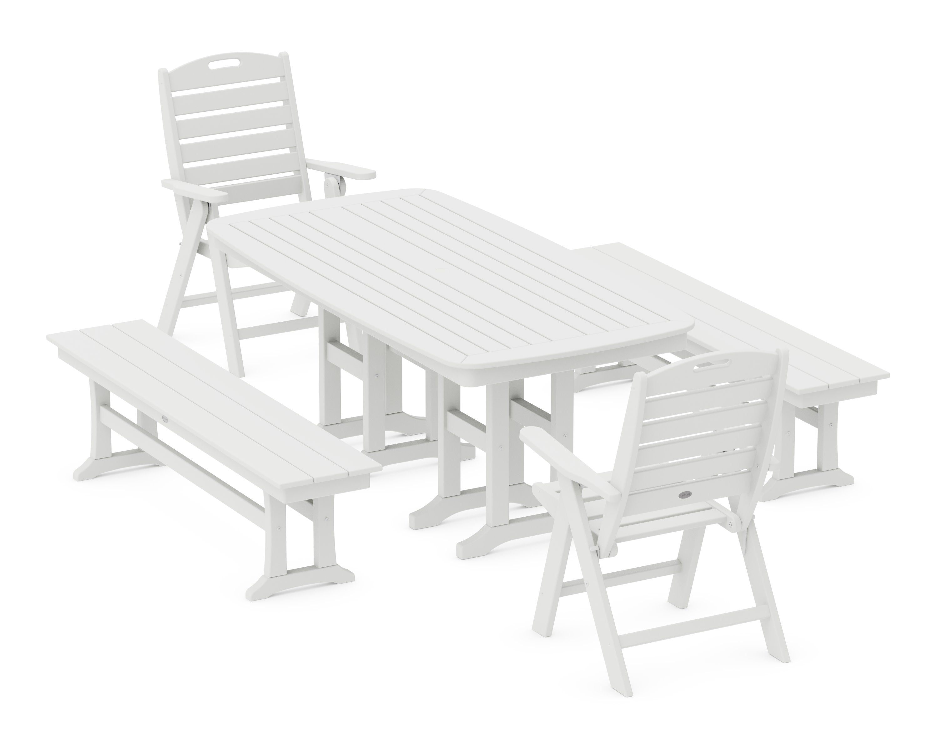 Nautical Highback 5-Piece Dining Set with Benches in White