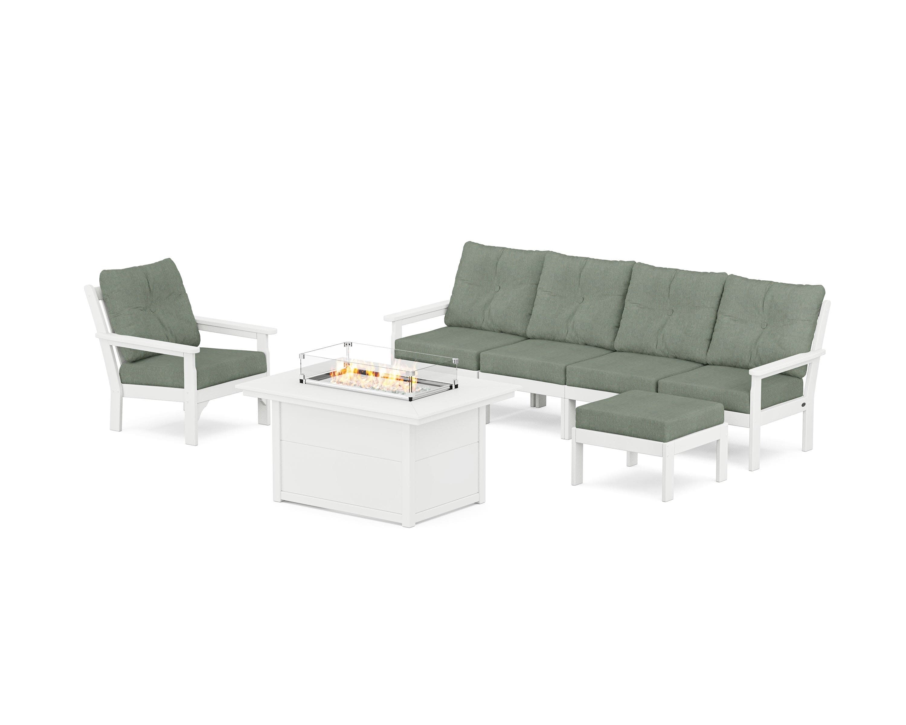 Vineyard Sectional Lounge and Fire Pit Set in White / Cast Sage