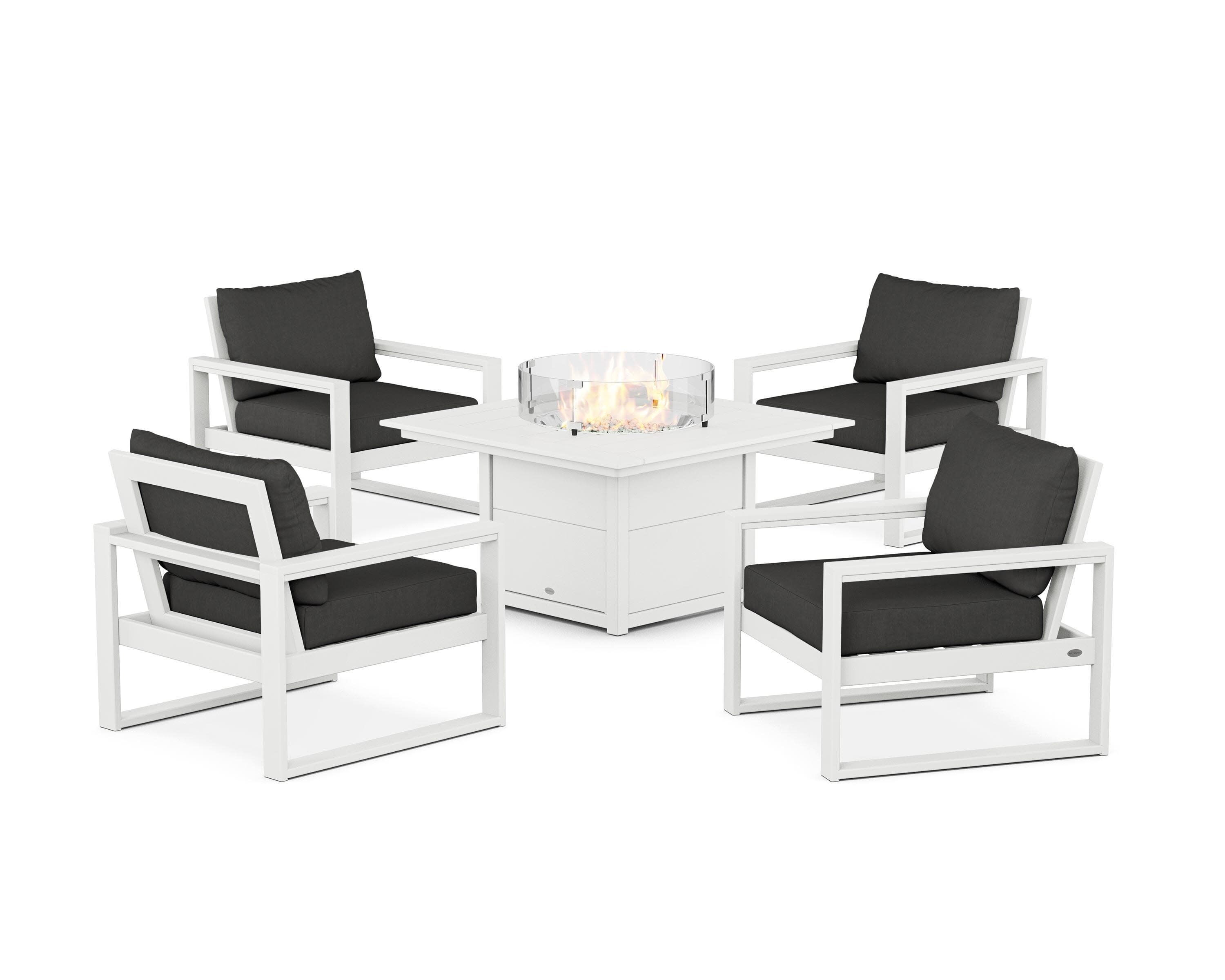 EDGE Sectional 5-Piece Deep Seating Set with Fire Pit Table in White / Spectrum Carbon