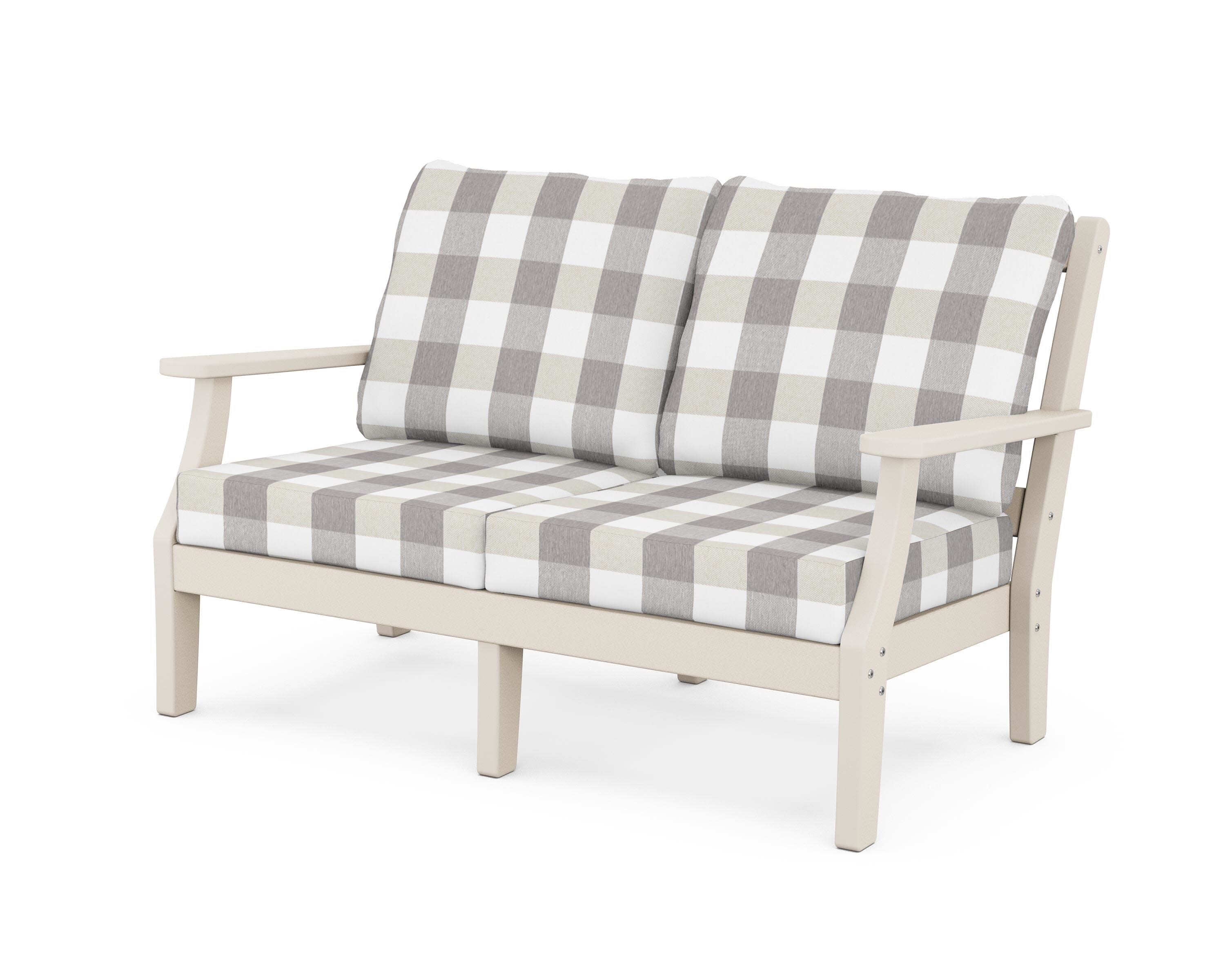 Chinoiserie Deep Seating Loveseat in Sand / Buffalo Plaid Grey Mist
