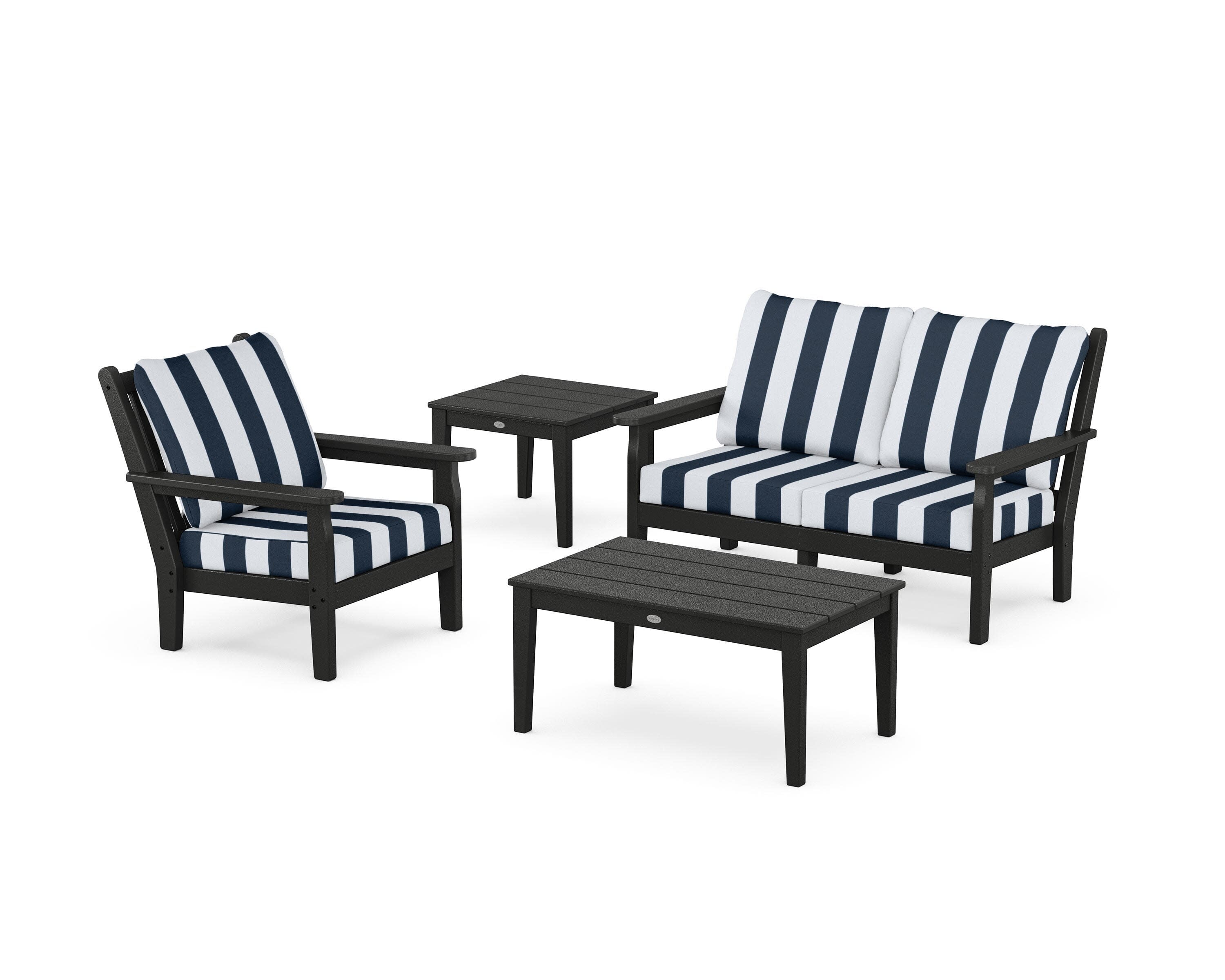 Chippendale 4-Piece Deep Seating Set in Black / Cabana Stripe Marine Indigo
