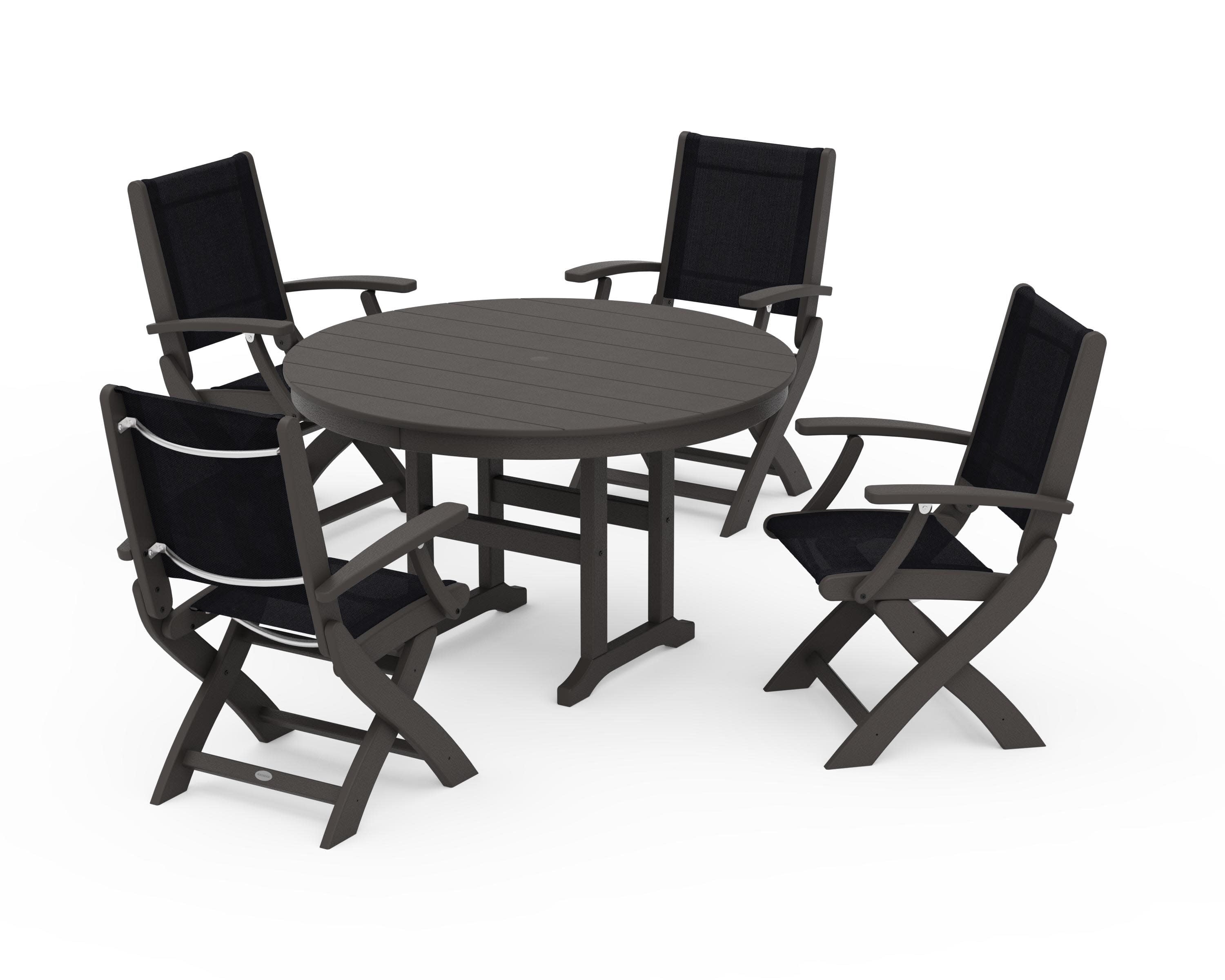 Coastal Folding Chair 5-Piece Round Dining Set in Vintage Coffee / Black Sling