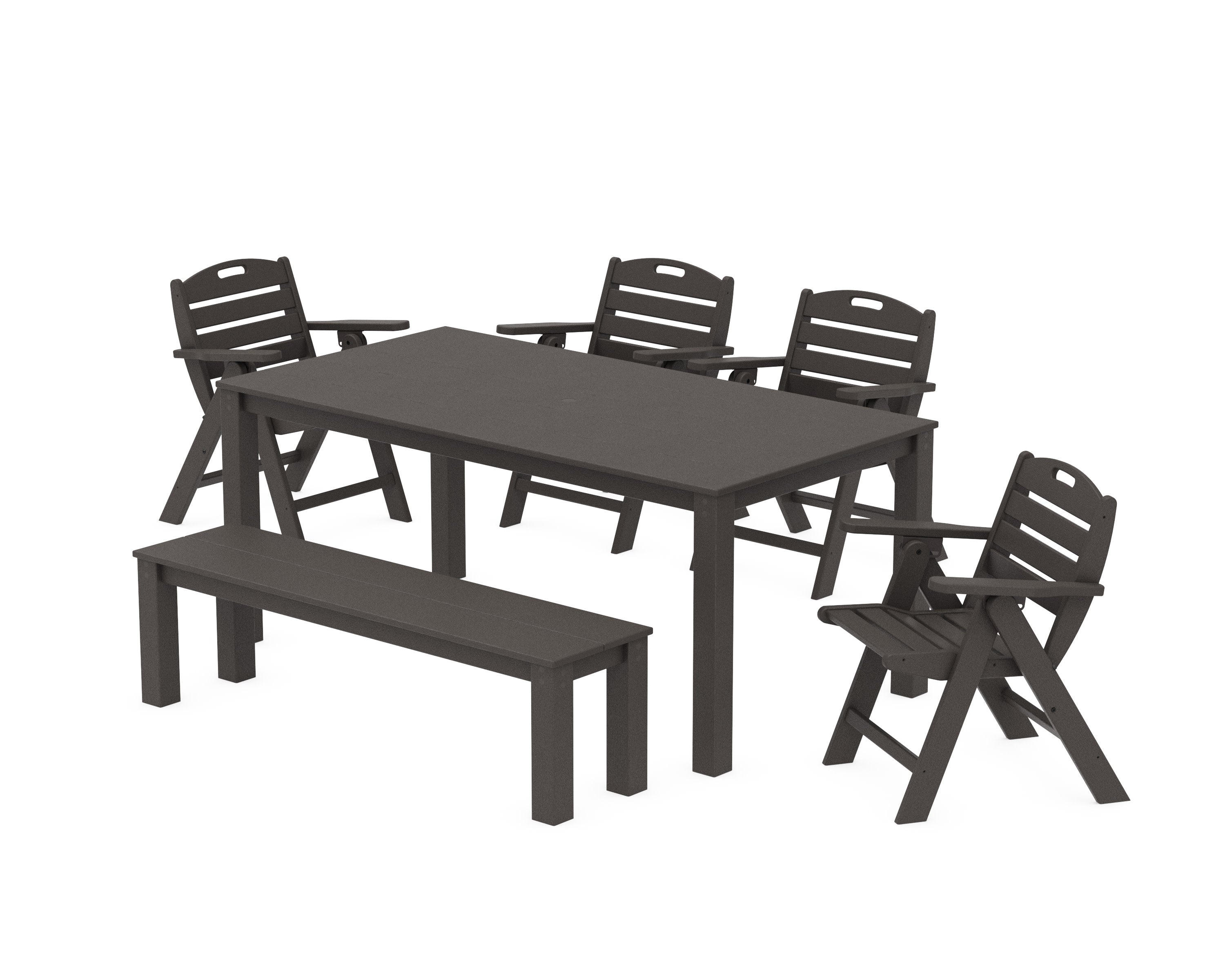 Nautical Folding Lowback Chair 6-Piece Parsons Dining Set with Bench in Vintage Coffee