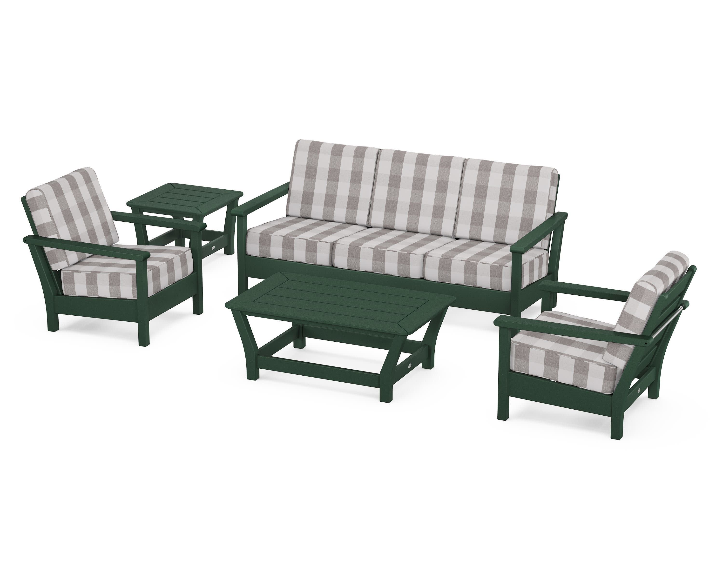 Harbour 5-Piece Deep Seating Set in Green / Buffalo Plaid Grey Mist