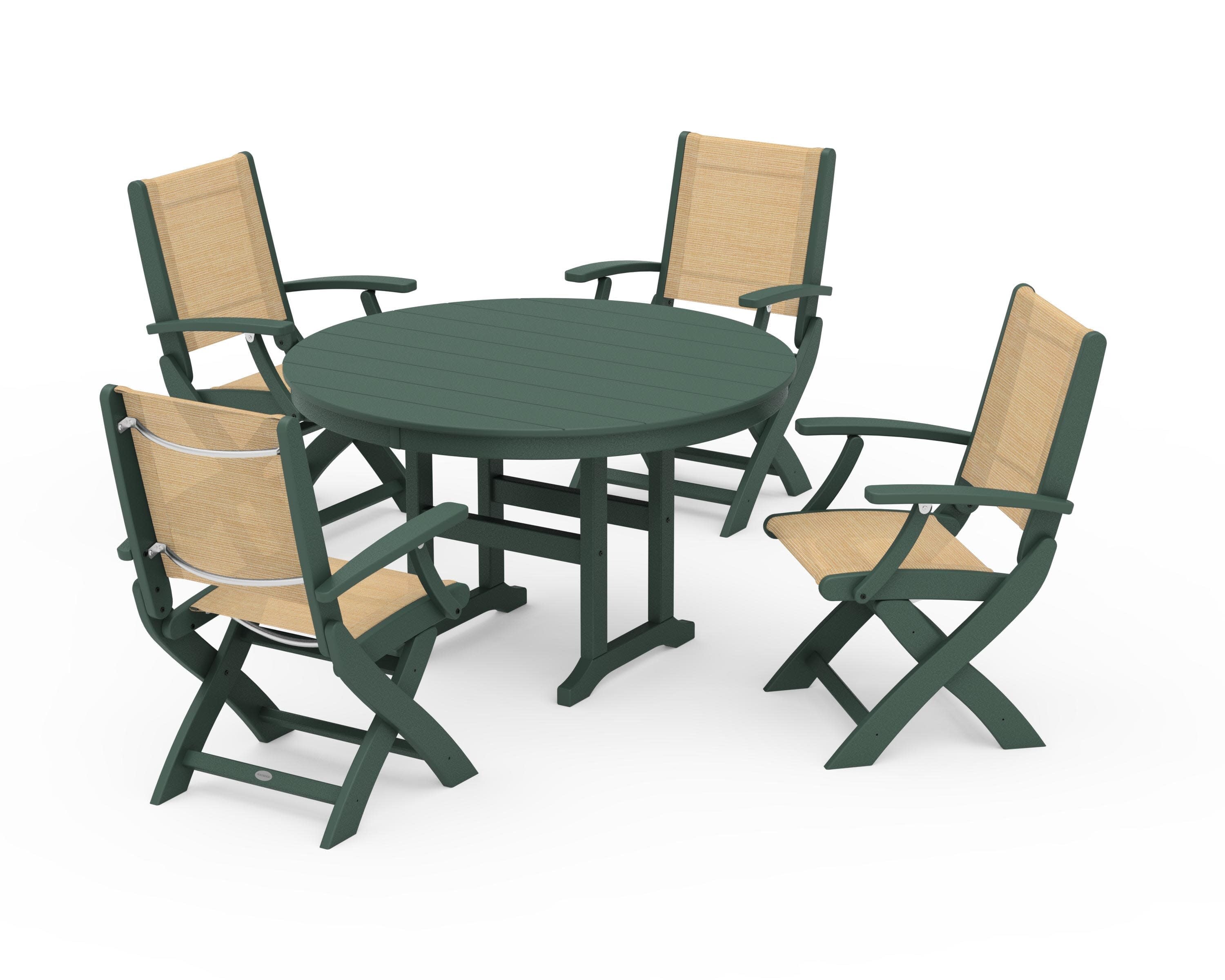 Coastal Folding Chair 5-Piece Round Dining Set in Green / Dupioni Apricot Sling
