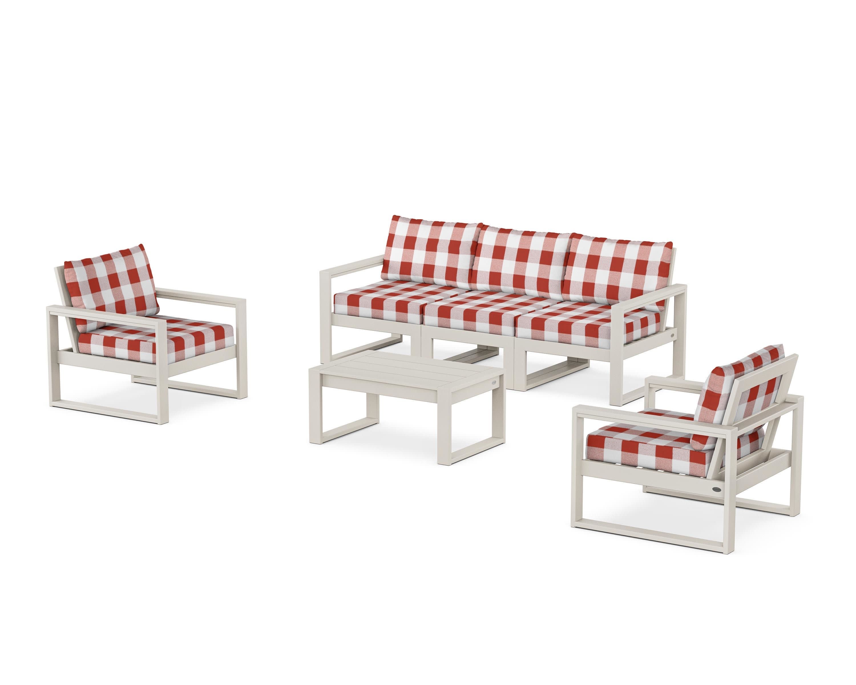EDGE Sectional 4-Piece Deep Seating Set with Sofa in Sand / Buffalo Plaid Crimson