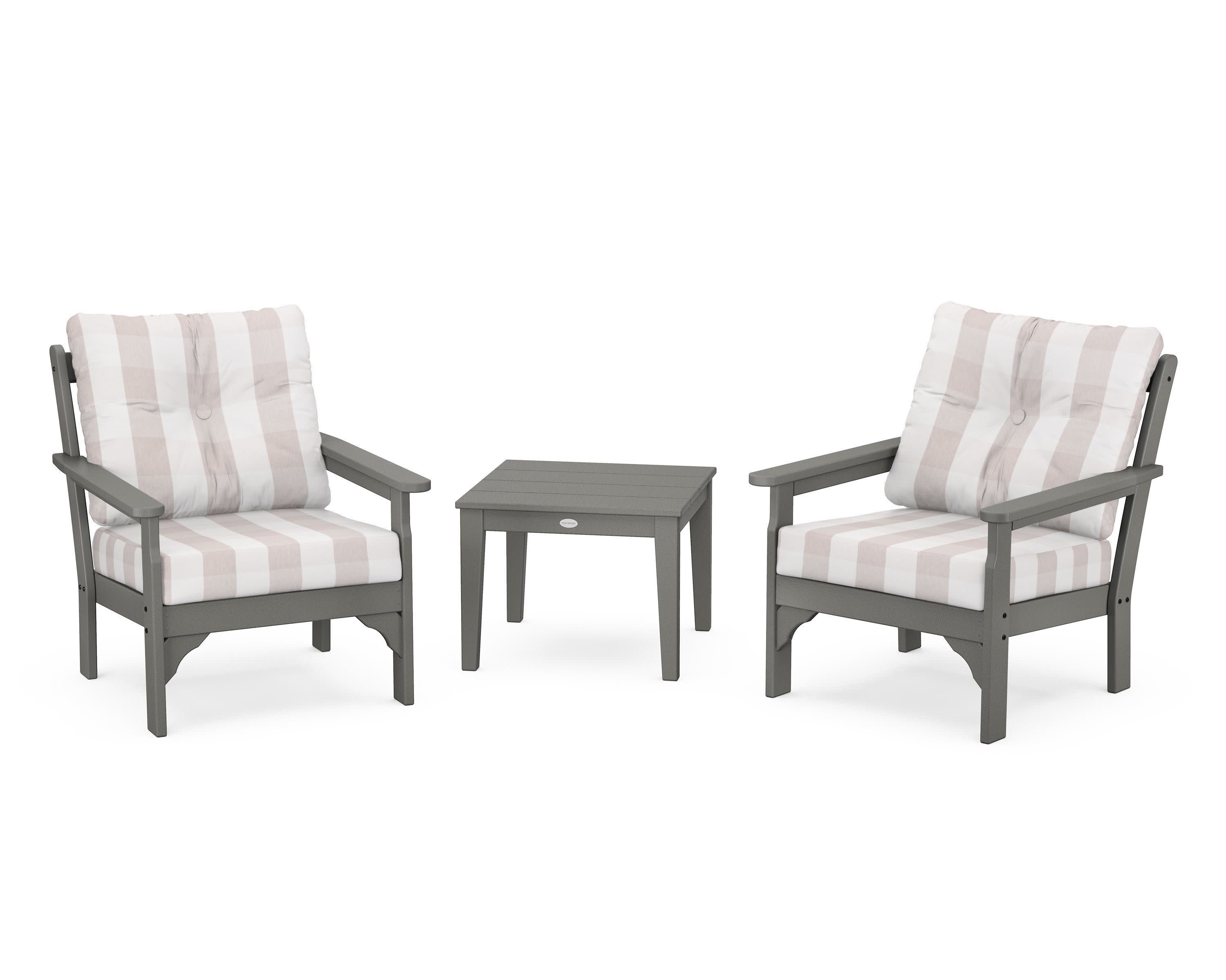 Vineyard 3-Piece Deep Seating Set in Slate Grey / Buffalo Plaid Dune Burlap