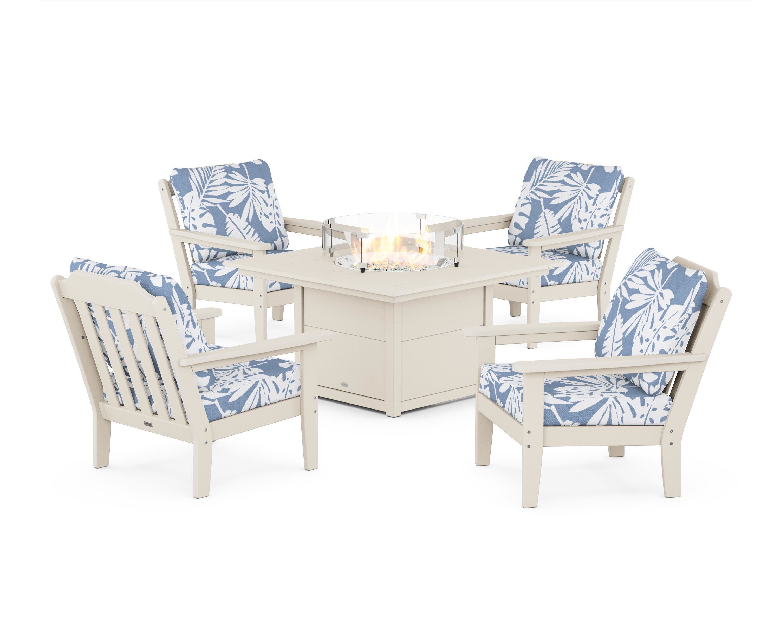 Cottage 5-Piece Deep Seating Set with Fire Pit Table in Sand / Leaf Sky Blue