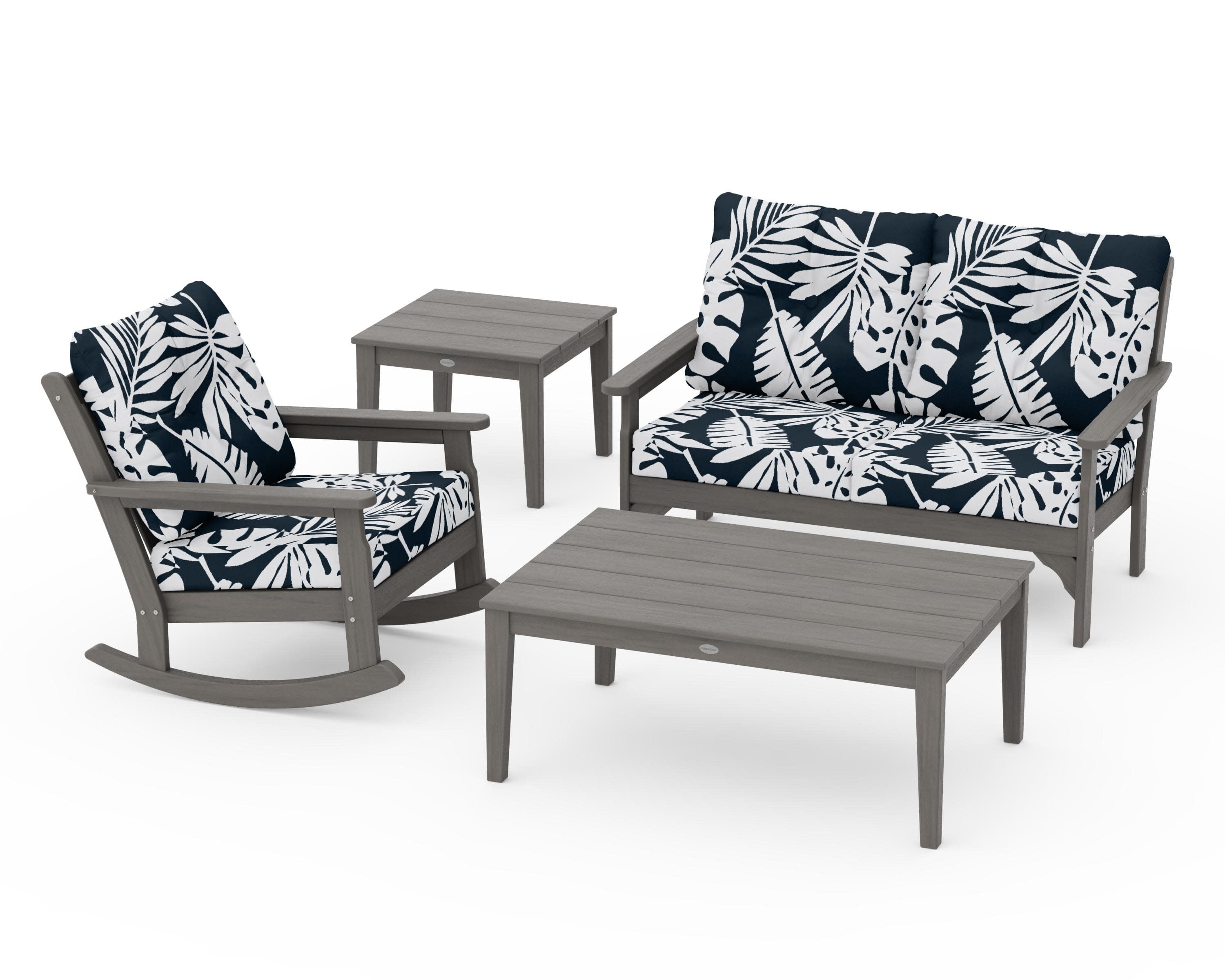 Vineyard 4-Piece Deep Seating Rocker Set in Driftwood / Leaf Marine Indigo
