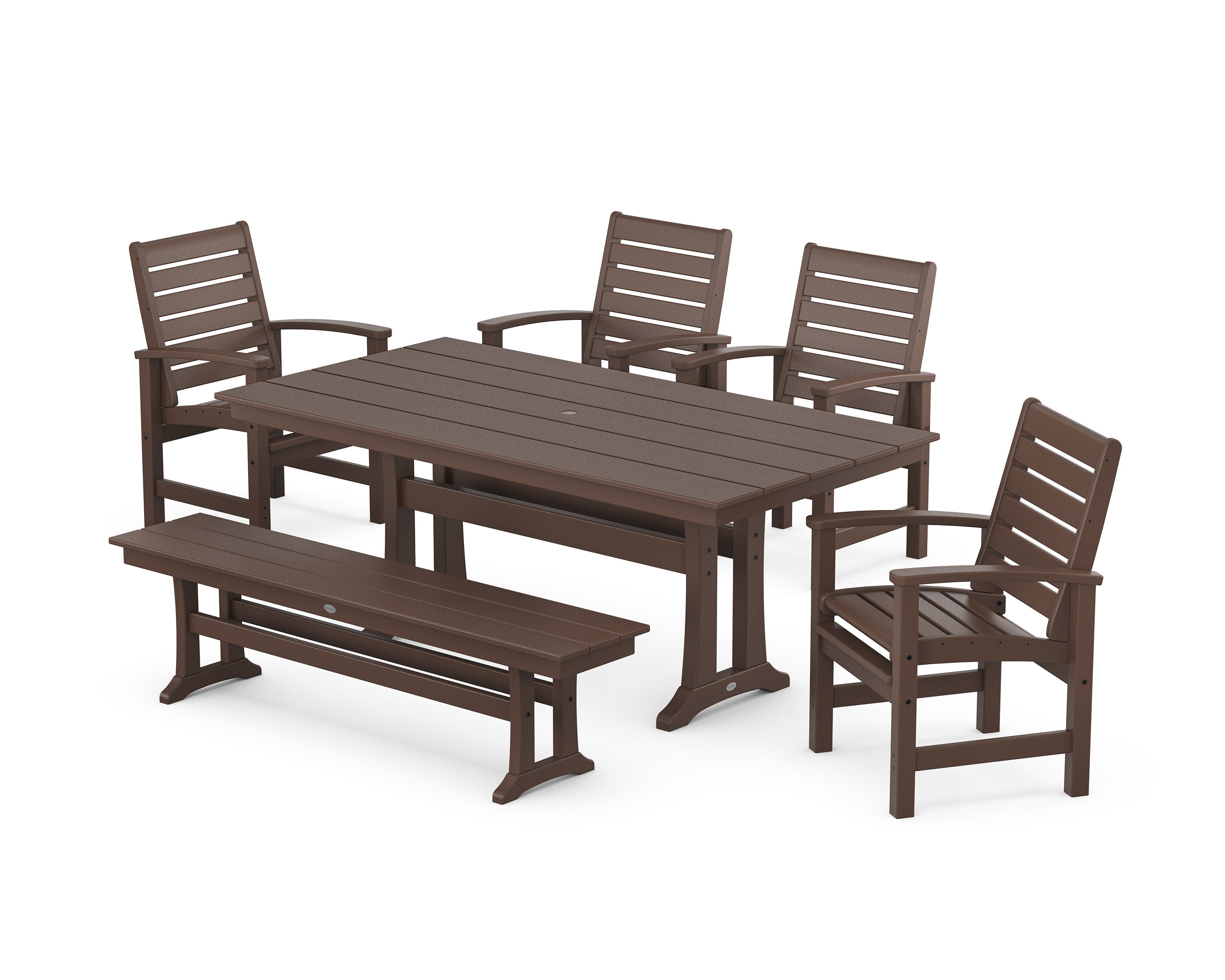 Signature 6-Piece Farmhouse Dining Set with Trestle Legs and Bench in Mahogany