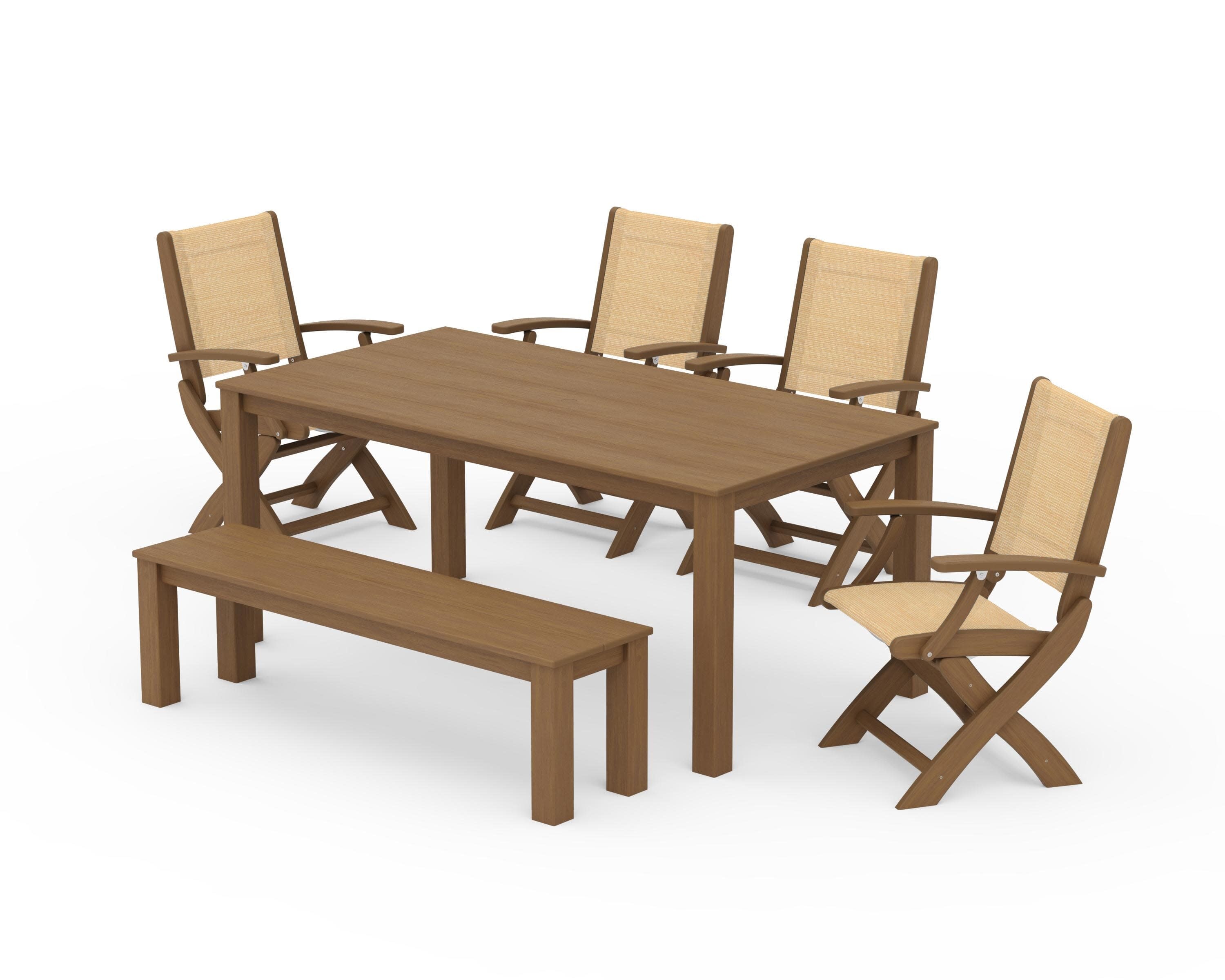 Coastal Folding Chair 6-Piece Parsons Dining Set with Bench in Natural / Dupioni Apricot Sling