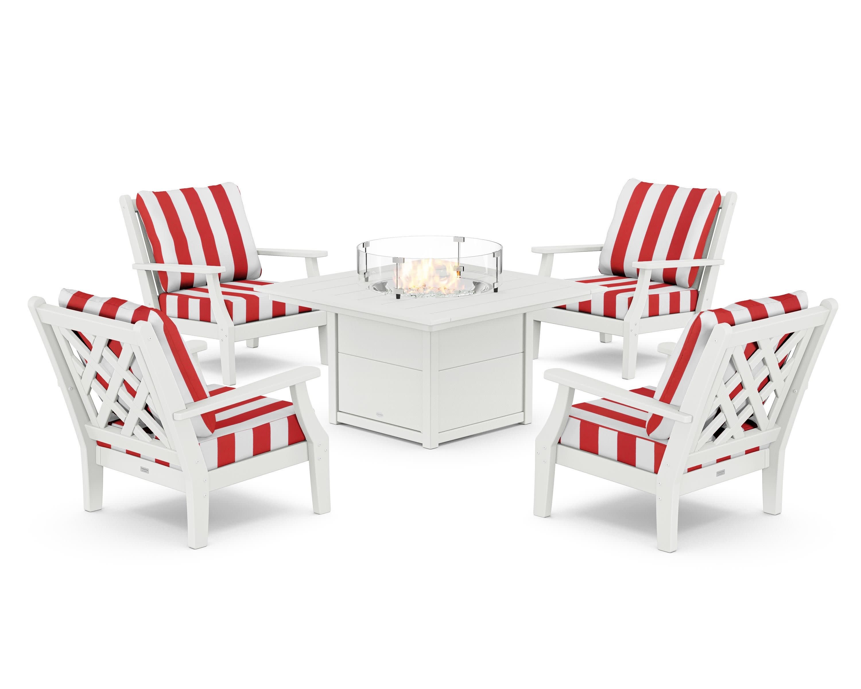 Wovendale 5-Piece Deep Seating Set with Fire Pit Table in White / Cabana Stripe Crimson