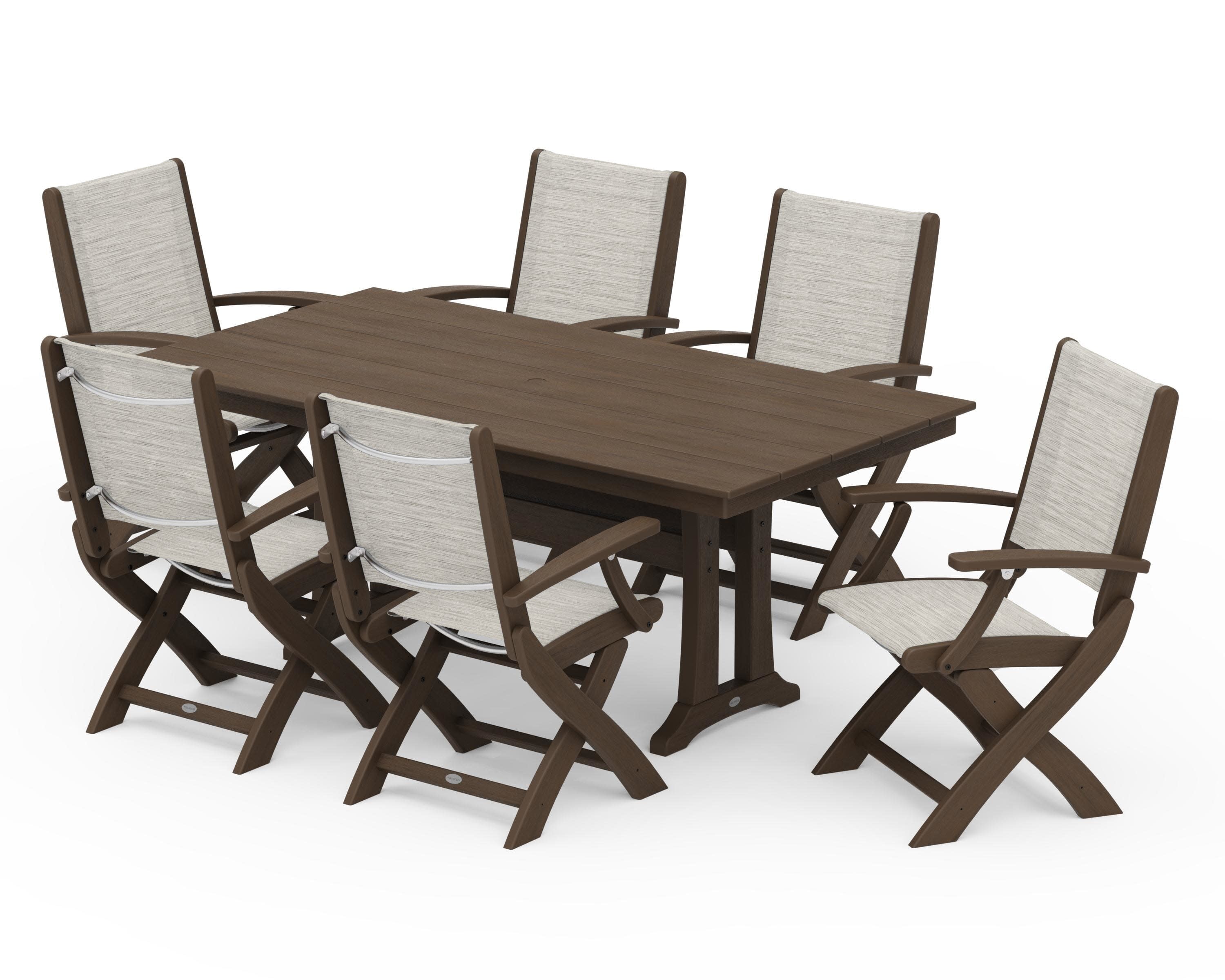 Coastal Folding Arm Chair 7-Piece Farmhouse Dining Set with Trestle Legs in Kona / Birch Sling