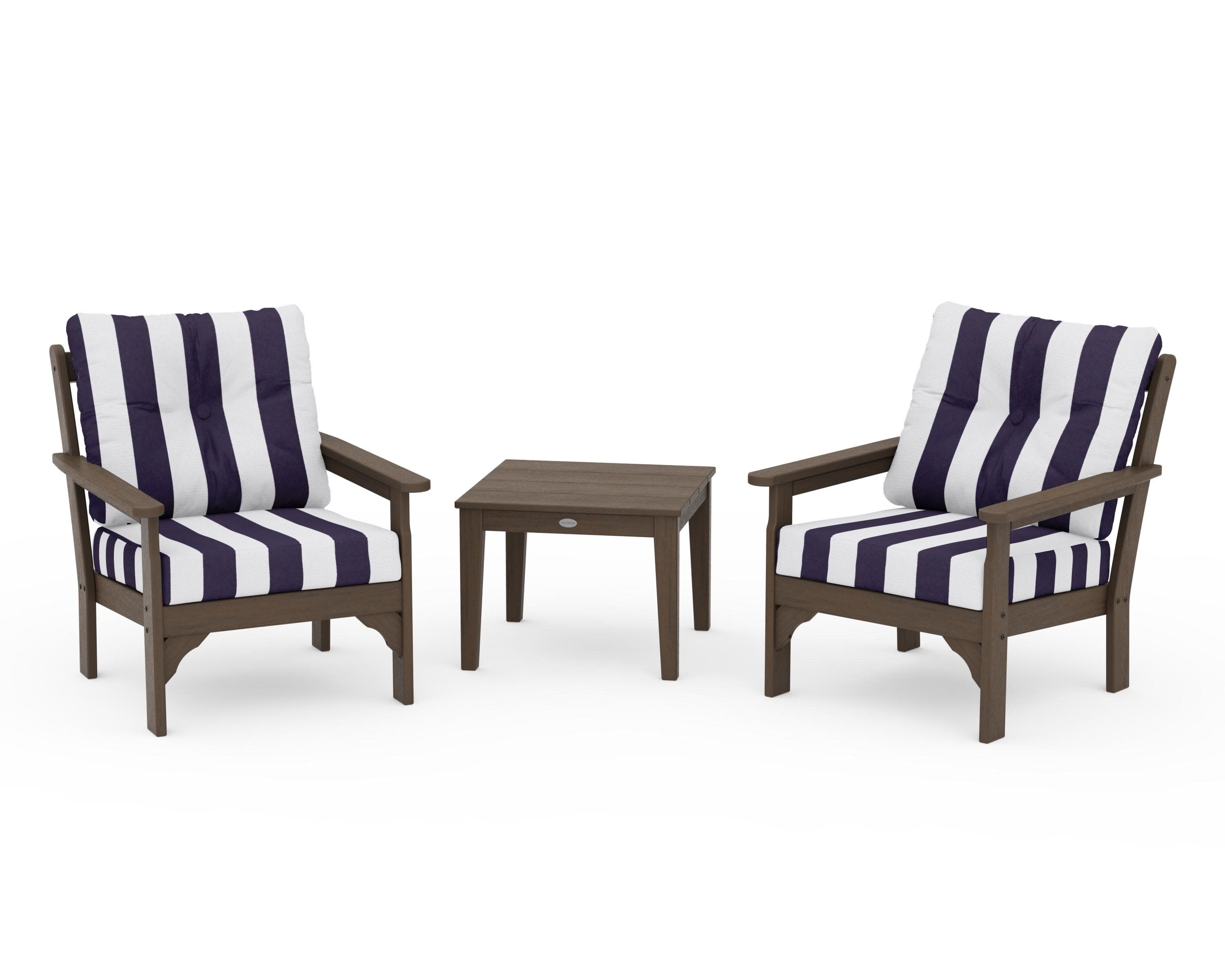 Vineyard 3-Piece Deep Seating Set in Kona / Cabana Stripe Navy
