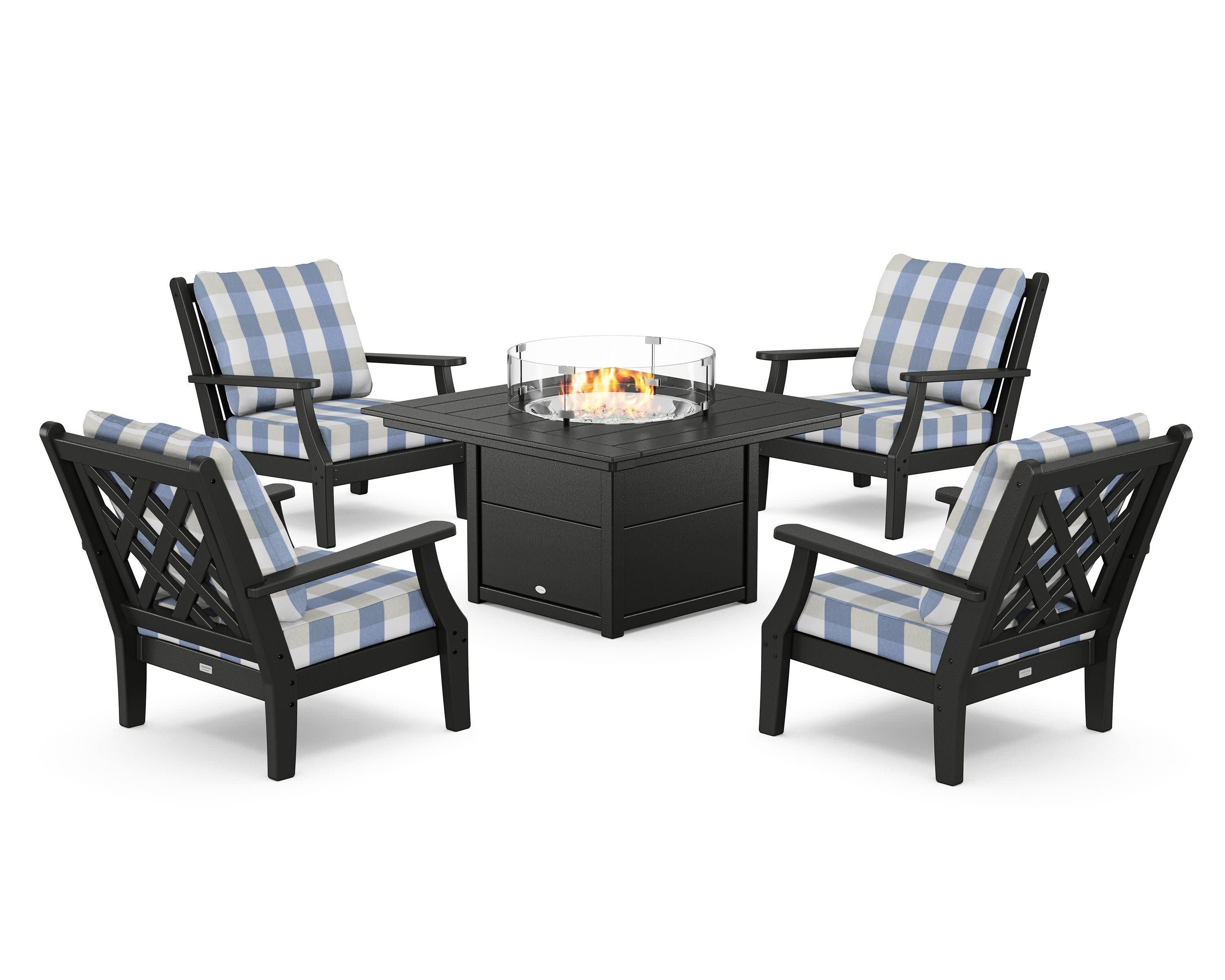 Wovendale 5-Piece Deep Seating Set with Fire Pit Table in Black / Buffalo Plaid Sky Blue