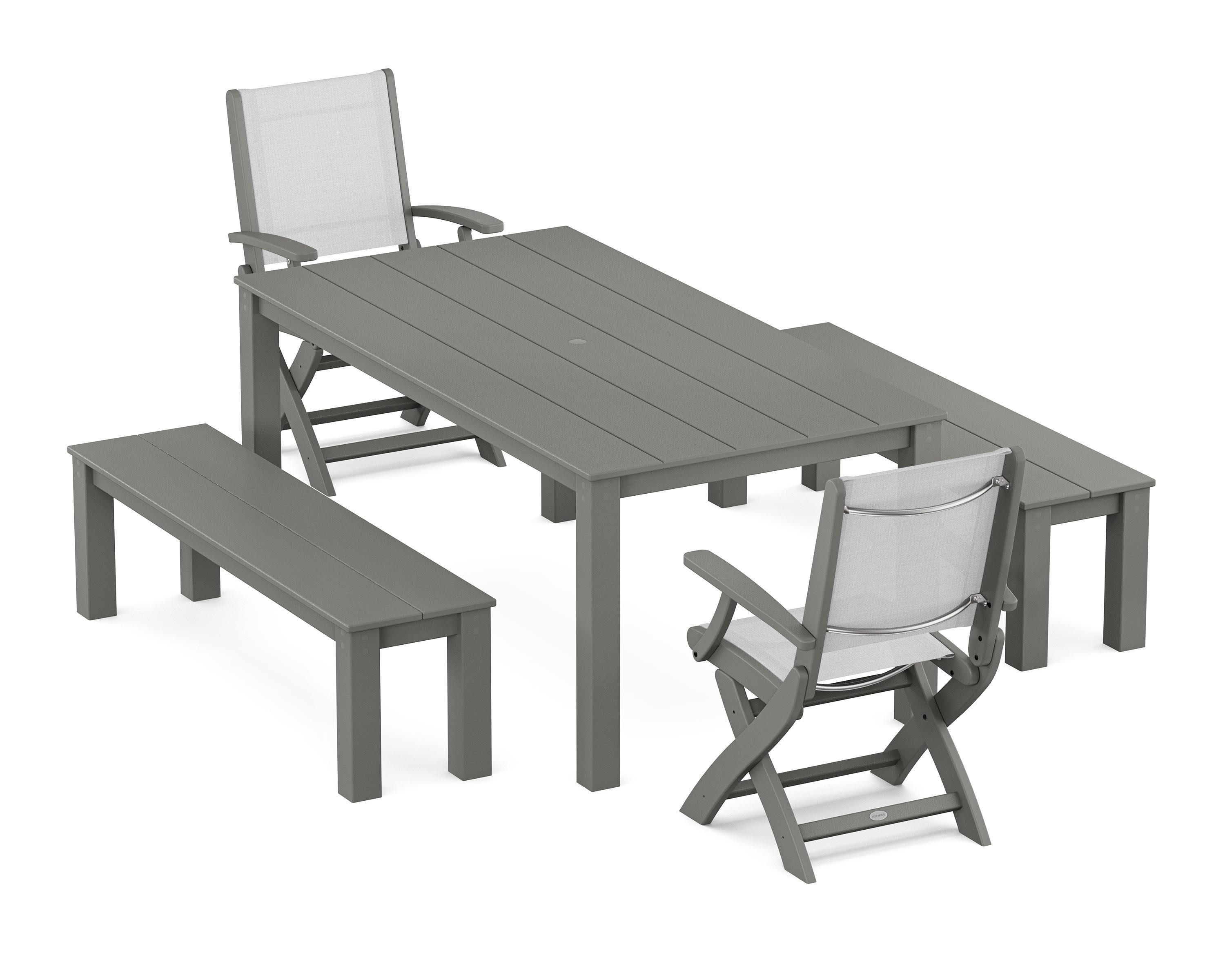 Coastal Folding Chair 5-Piece Parsons Dining Set with Benches in Slate Grey / White Sling