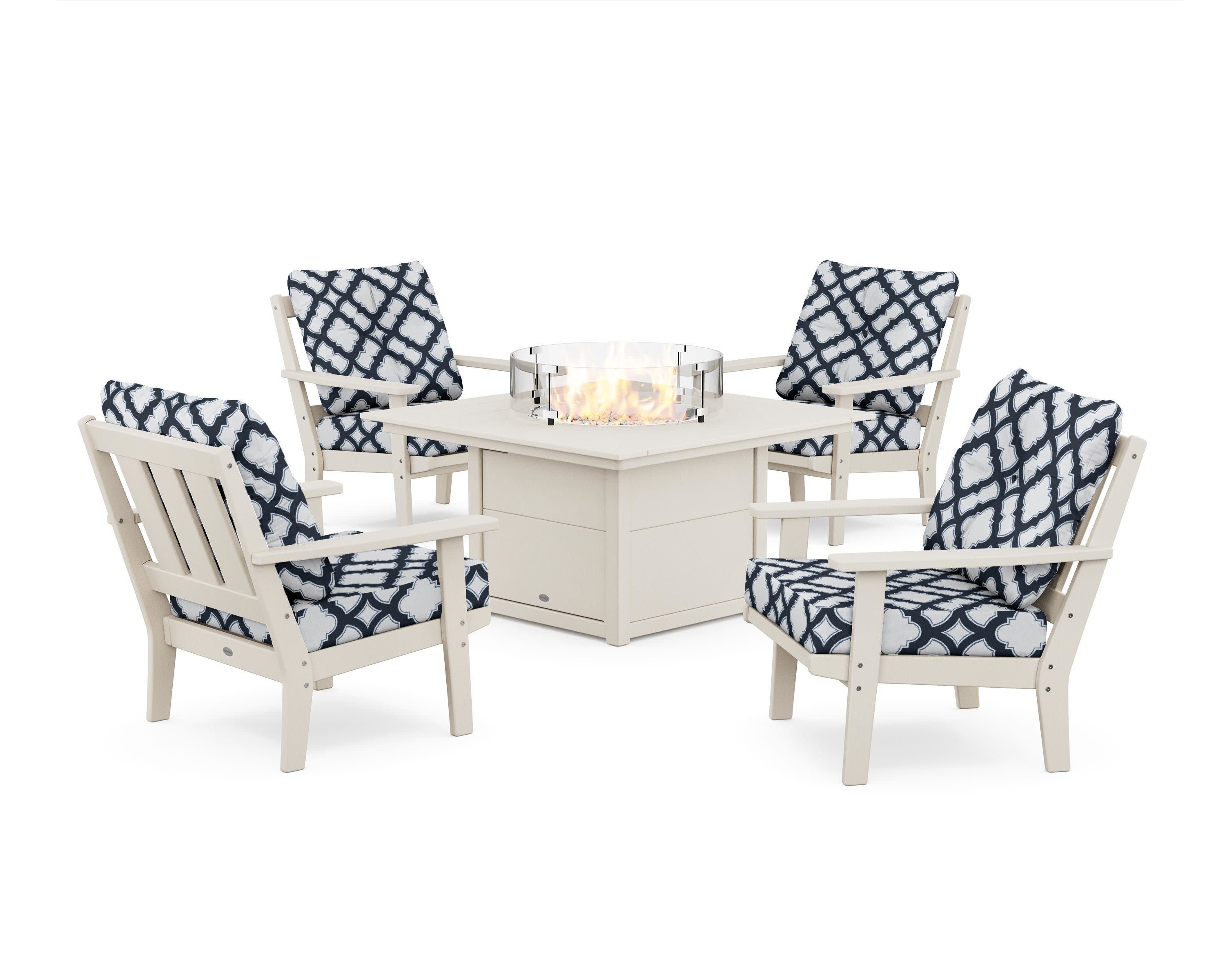 Oxford 5-Piece Deep Seating Set with Fire Pit Table in Sand / Trellis Marine Indigo
