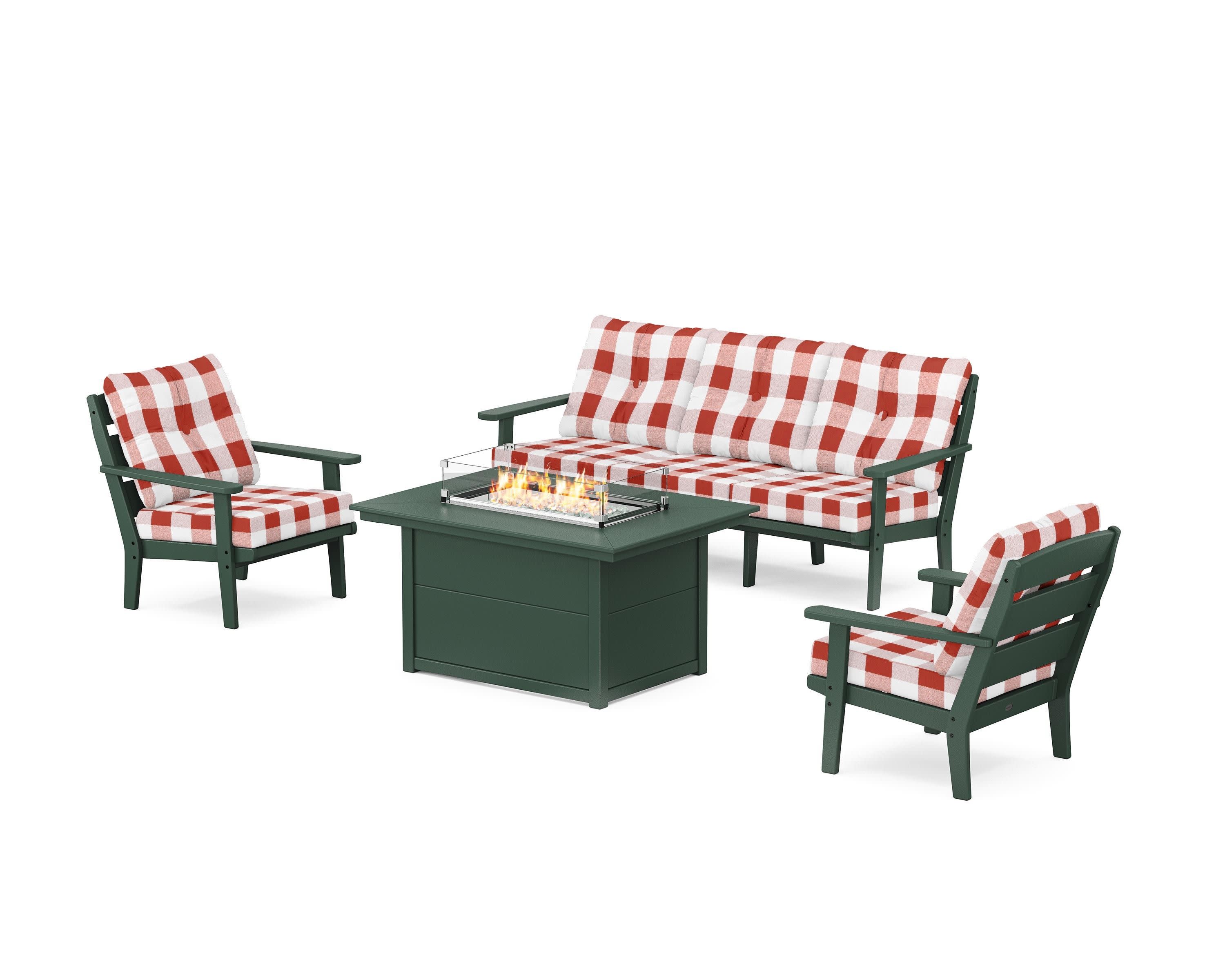 Lakeside Deep Seating Fire Pit Table Set in Green / Buffalo Plaid Crimson