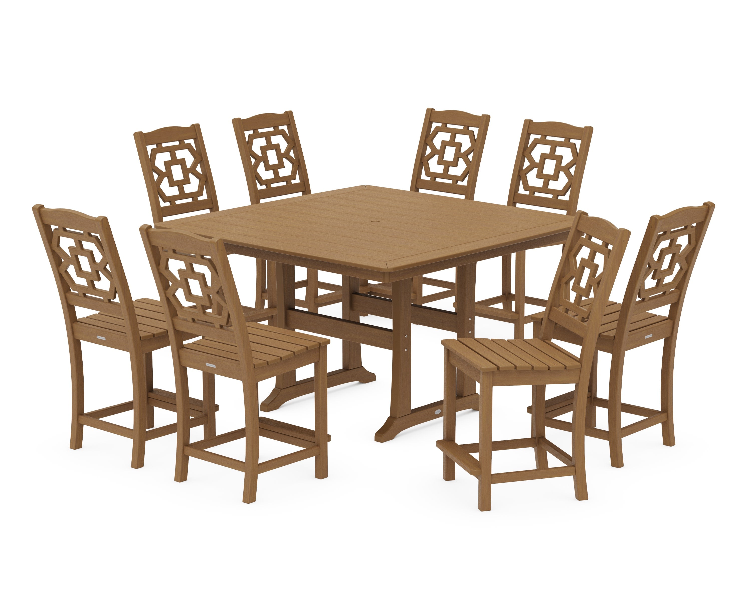 Chinoiserie 9-Piece Square Side Chair Counter Set with Trestle Legs in Natural