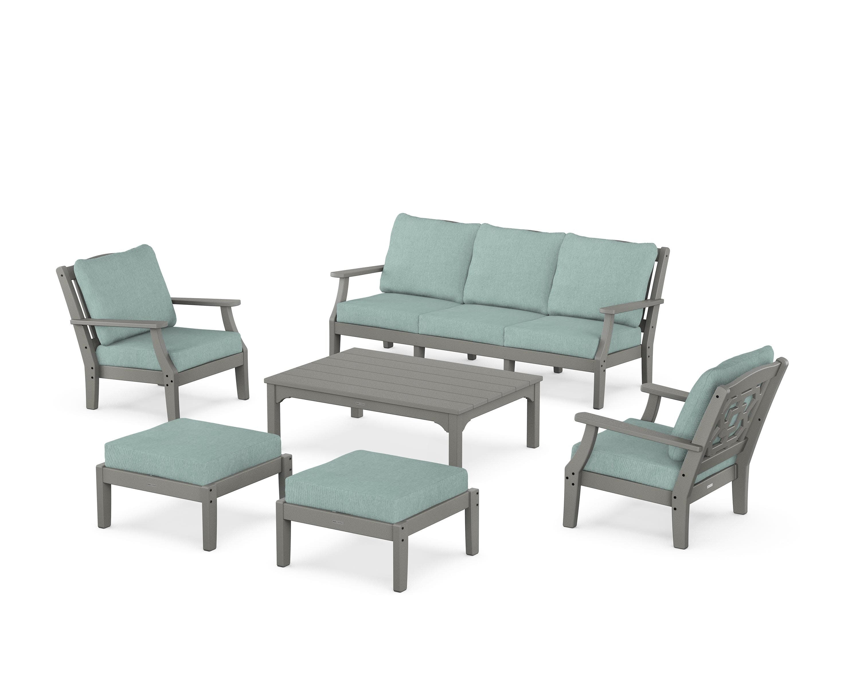 Chinoiserie 6-Piece Lounge Sofa Set in Slate Grey / Glacier Spa
