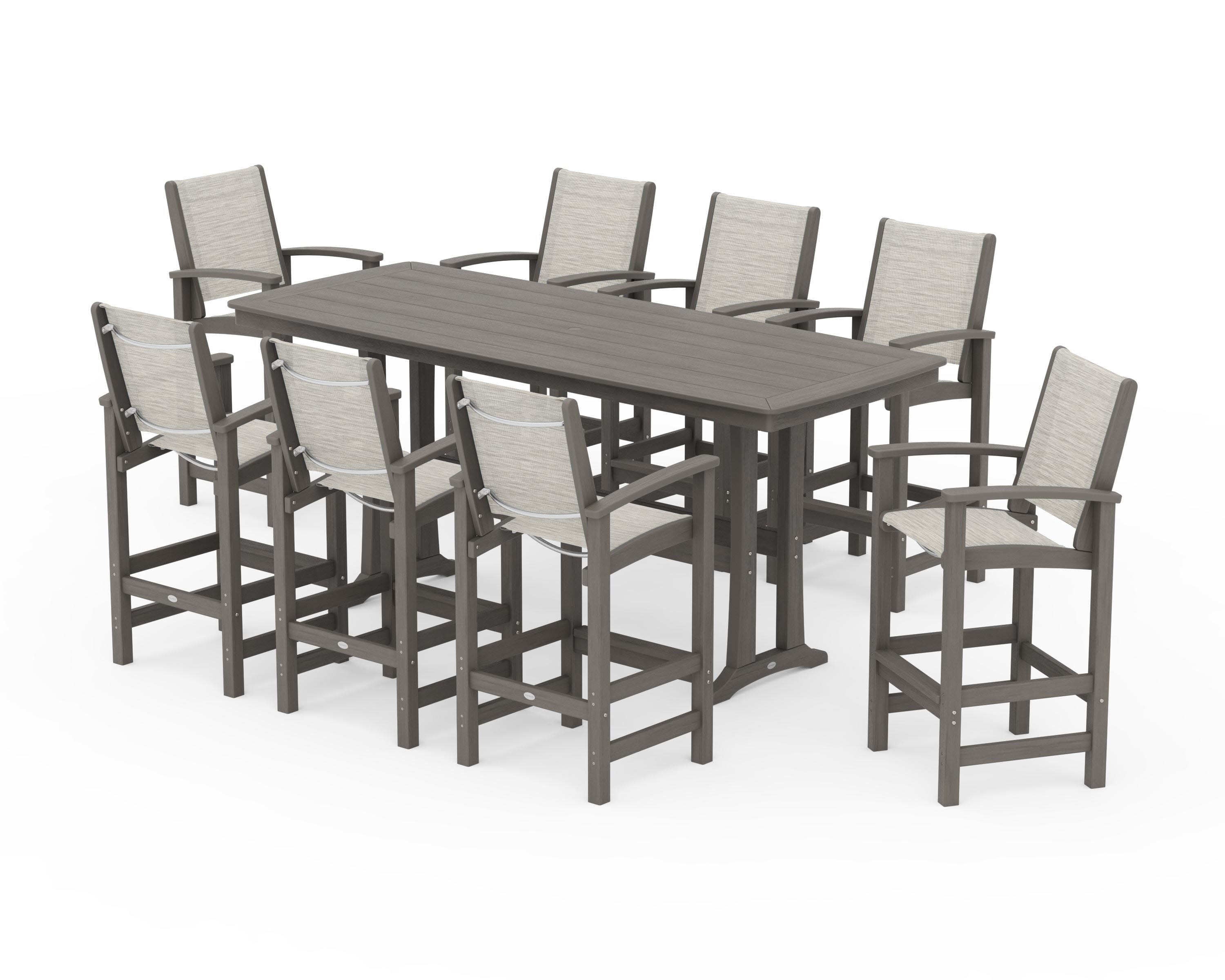 Coastal 9-Piece Bar Set with Trestle Legs in Driftwood / Birch Sling