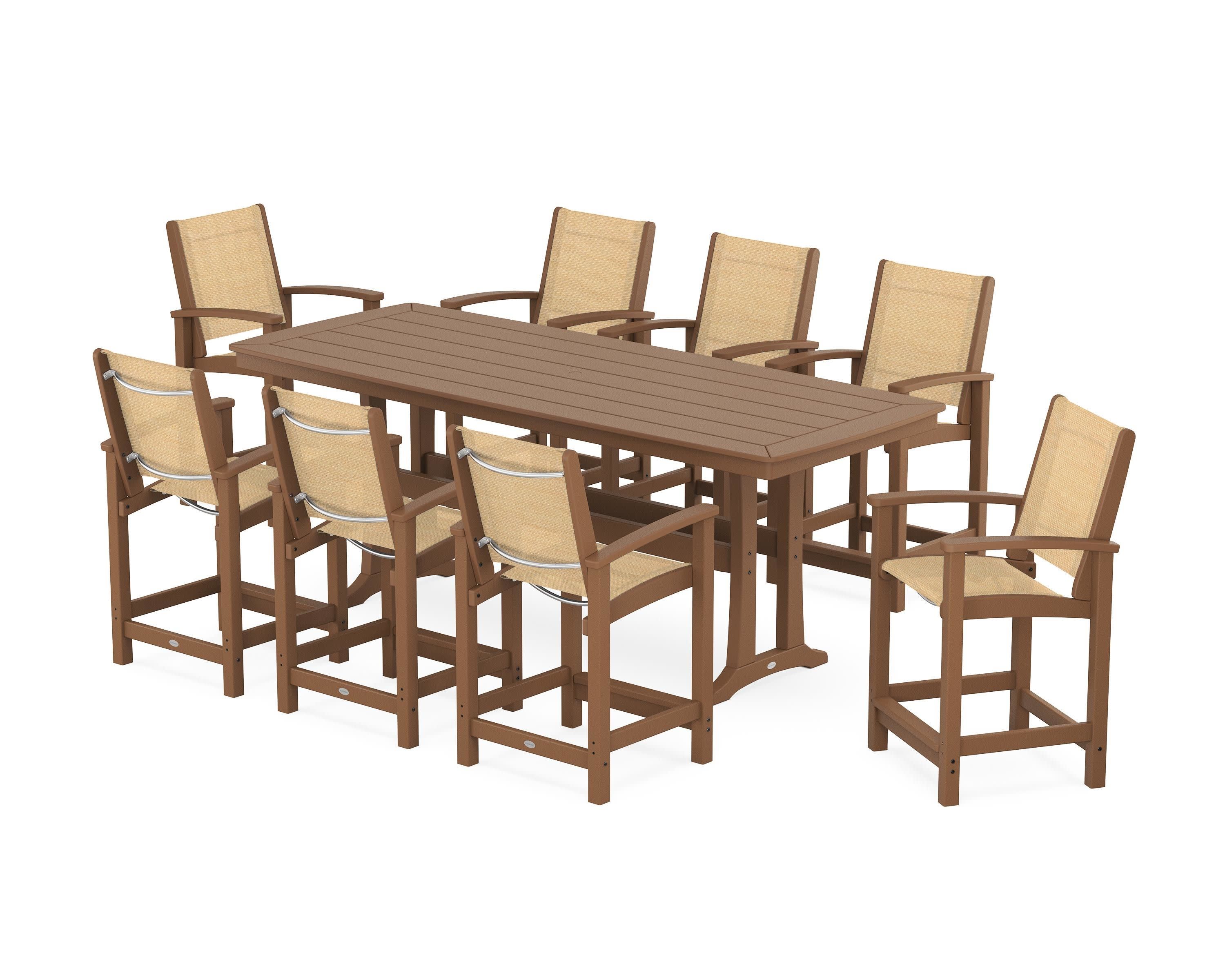 Coastal 9-Piece Counter Set with Trestle Legs in Teak / Dupioni Apricot Sling