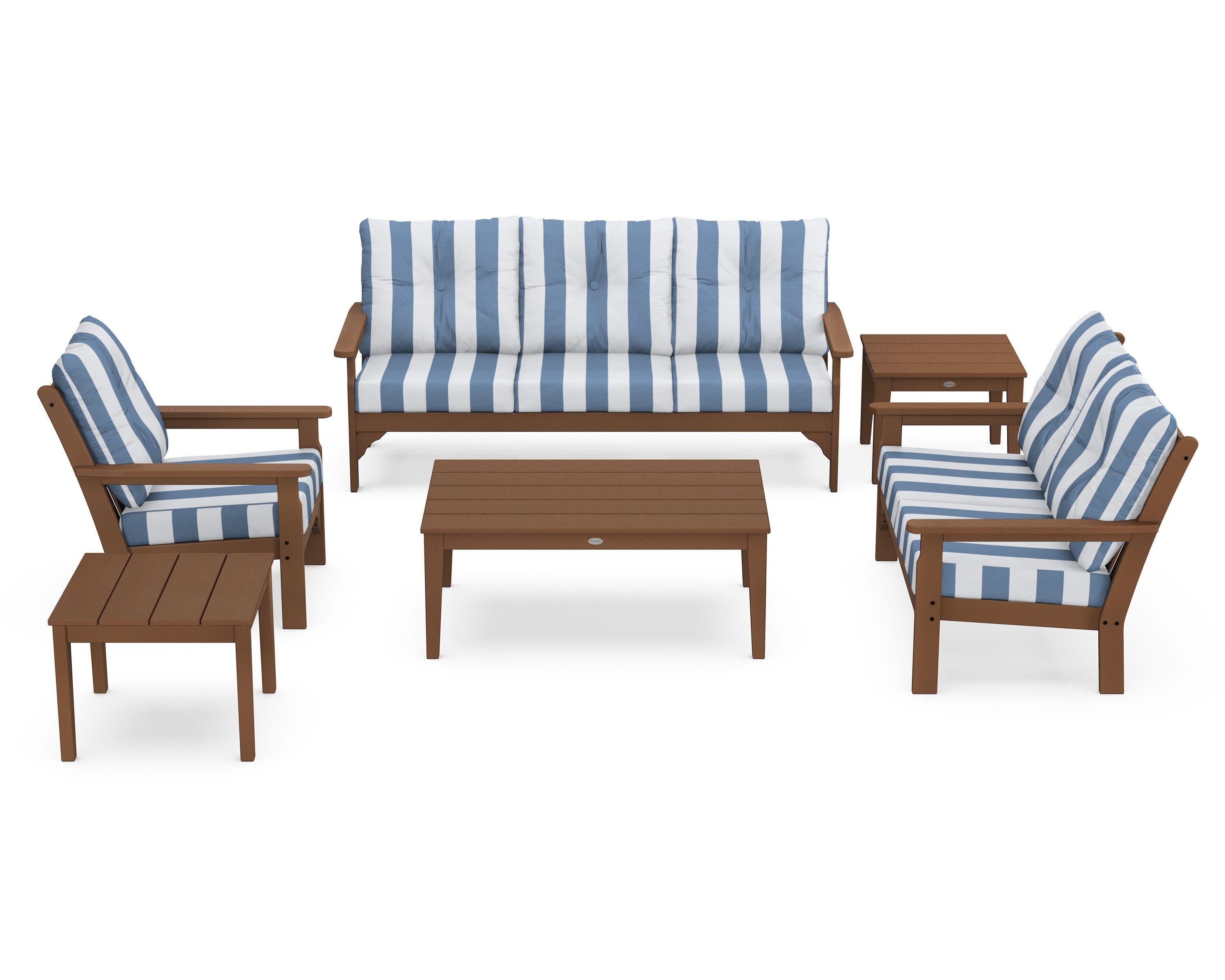 Vineyard 6-Piece Deep Seating Set in Teak / Cabana Stripe Sky Blue