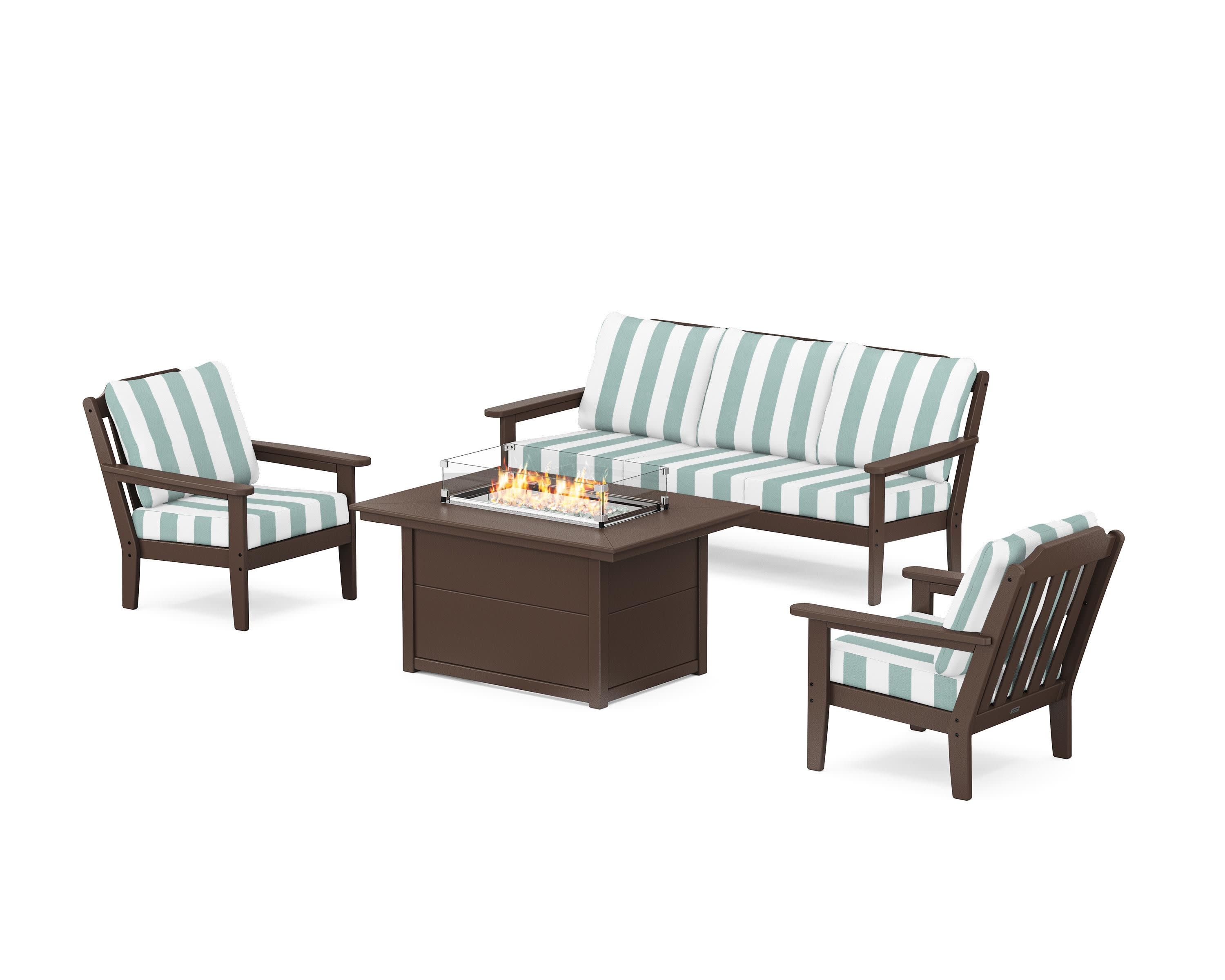 Cottage Deep Seating Fire Pit Table Set in Mahogany / Cabana Stripe Glacier Spa