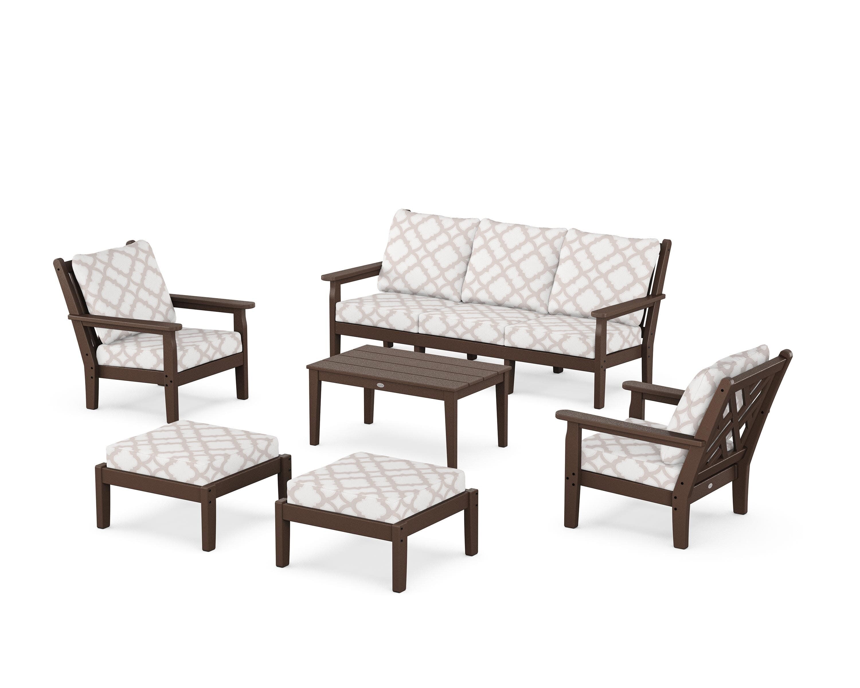 Chippendale 6-Piece Lounge Sofa Set in Mahogany / Trellis Dune Burlap