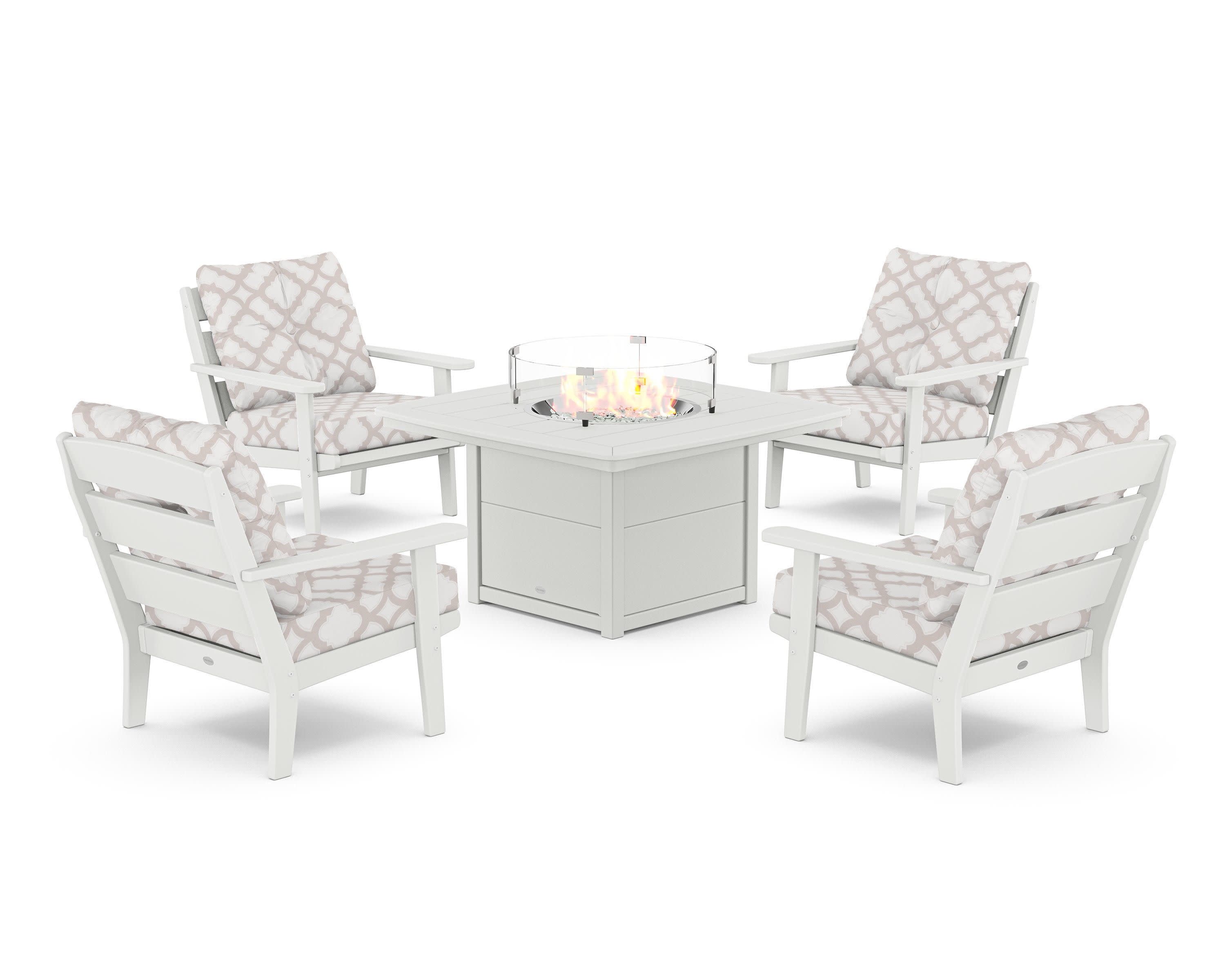 Lakeside 5-Piece Deep Seating Set with Nautical Fire Pit Table in White / Trellis Dune Burlap