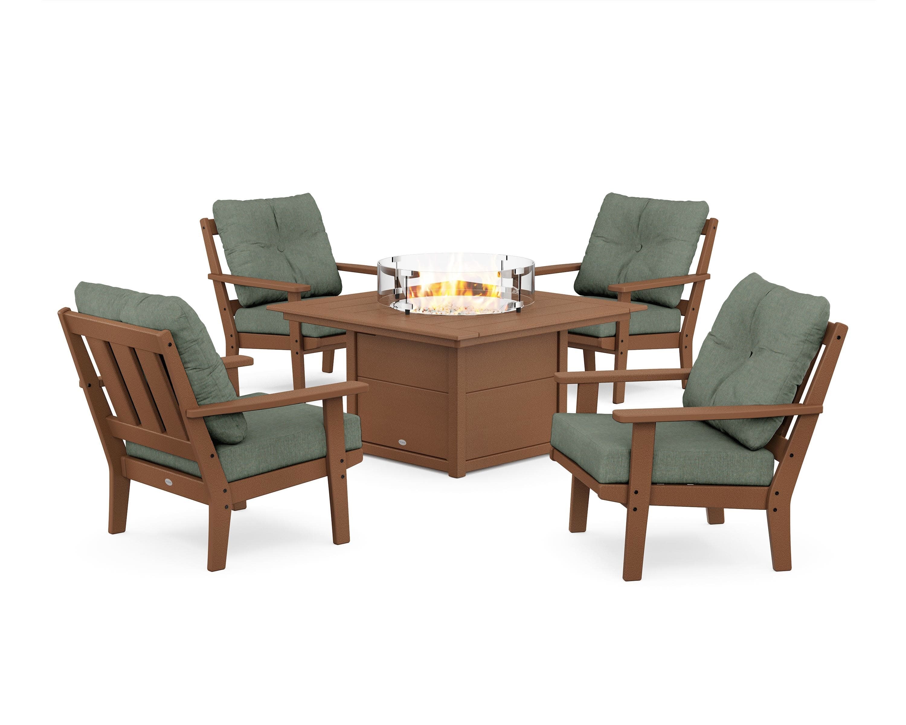 Oxford 5-Piece Deep Seating Set with Fire Pit Table in Teak / Cast Sage