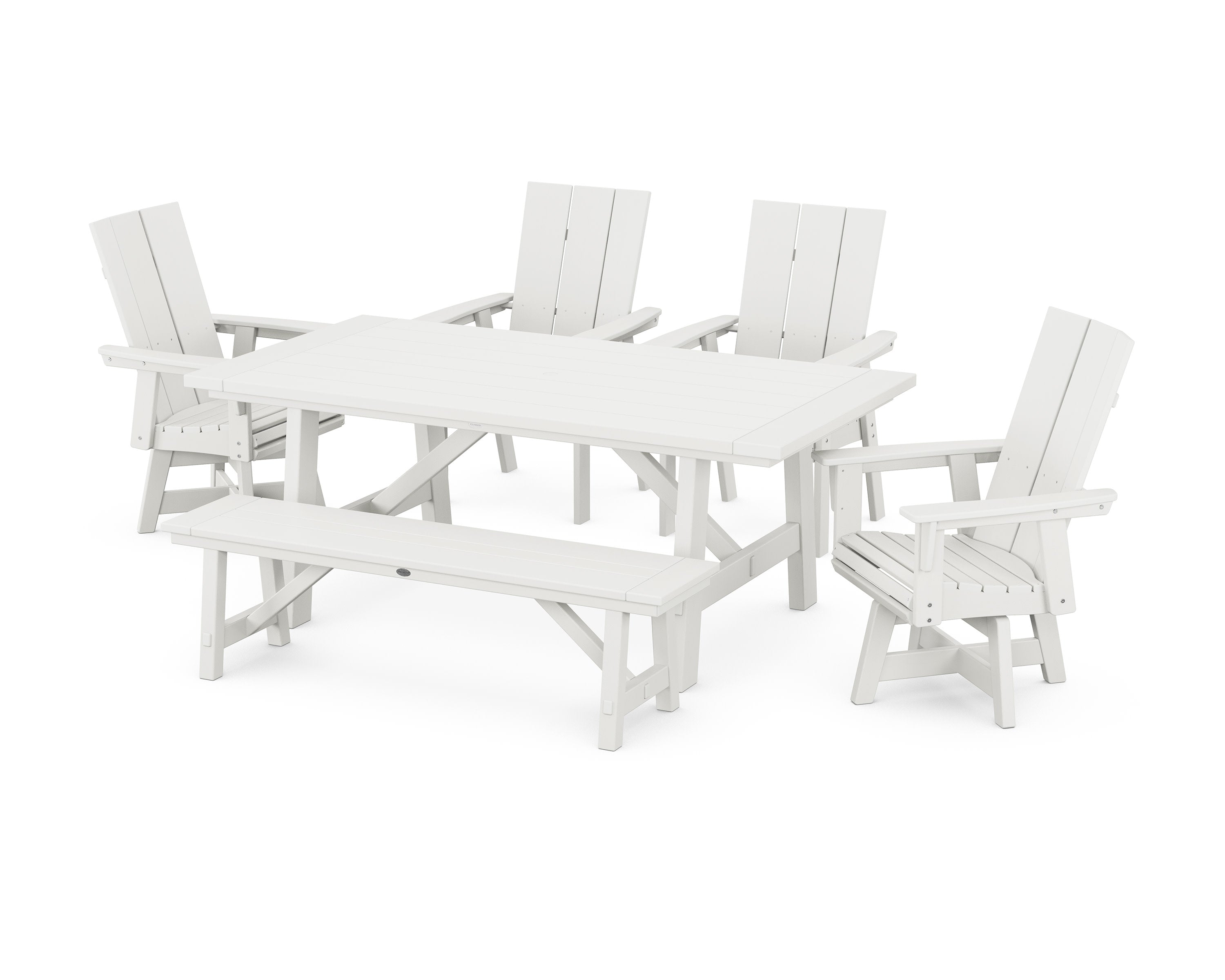 Modern Curveback Adirondack Swivel Chair 6-Piece Rustic Farmhouse Dining Set with Bench in Vintage White