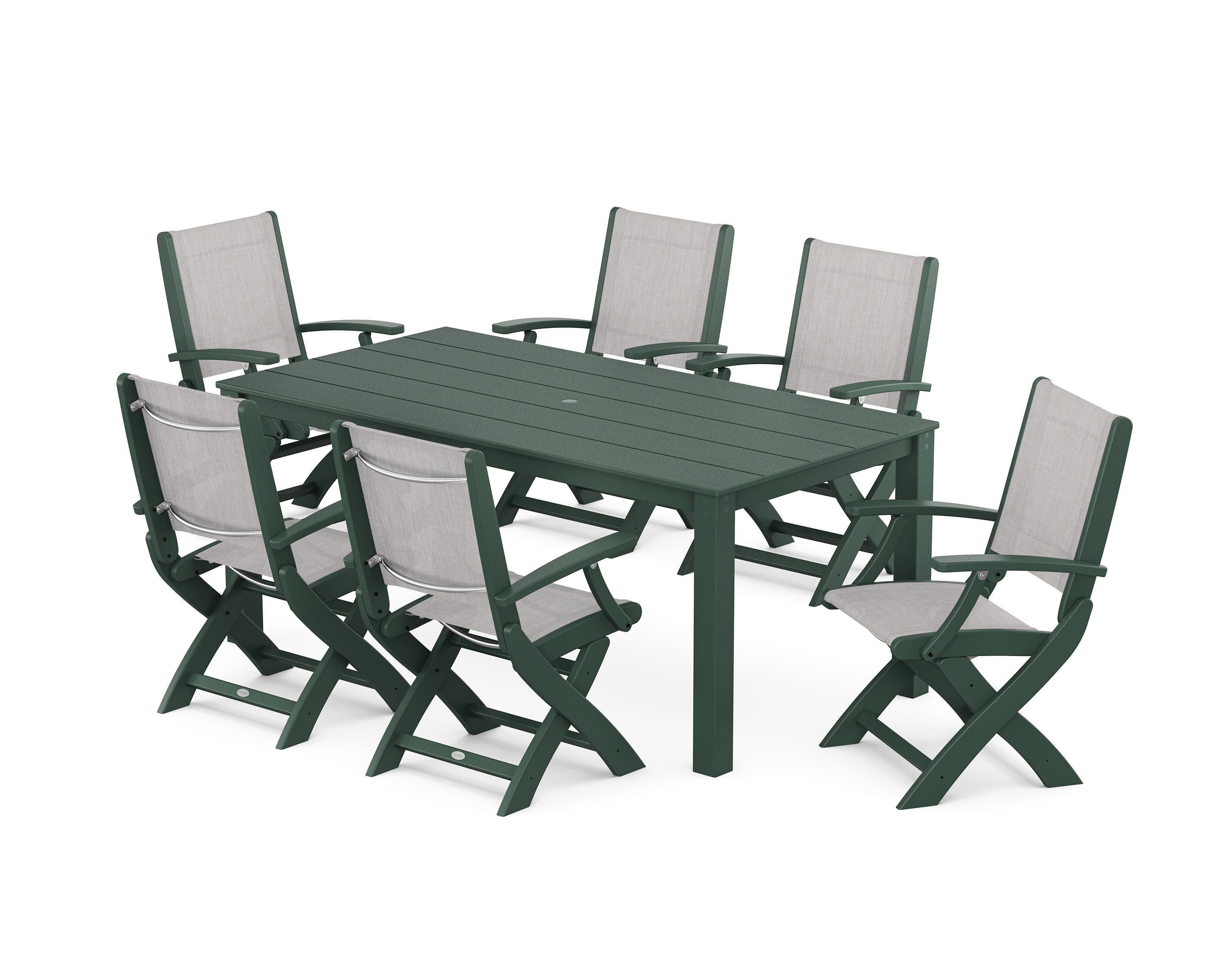 Coastal Folding Chair 7-Piece Parsons Dining Set in Green / Parchment Sling