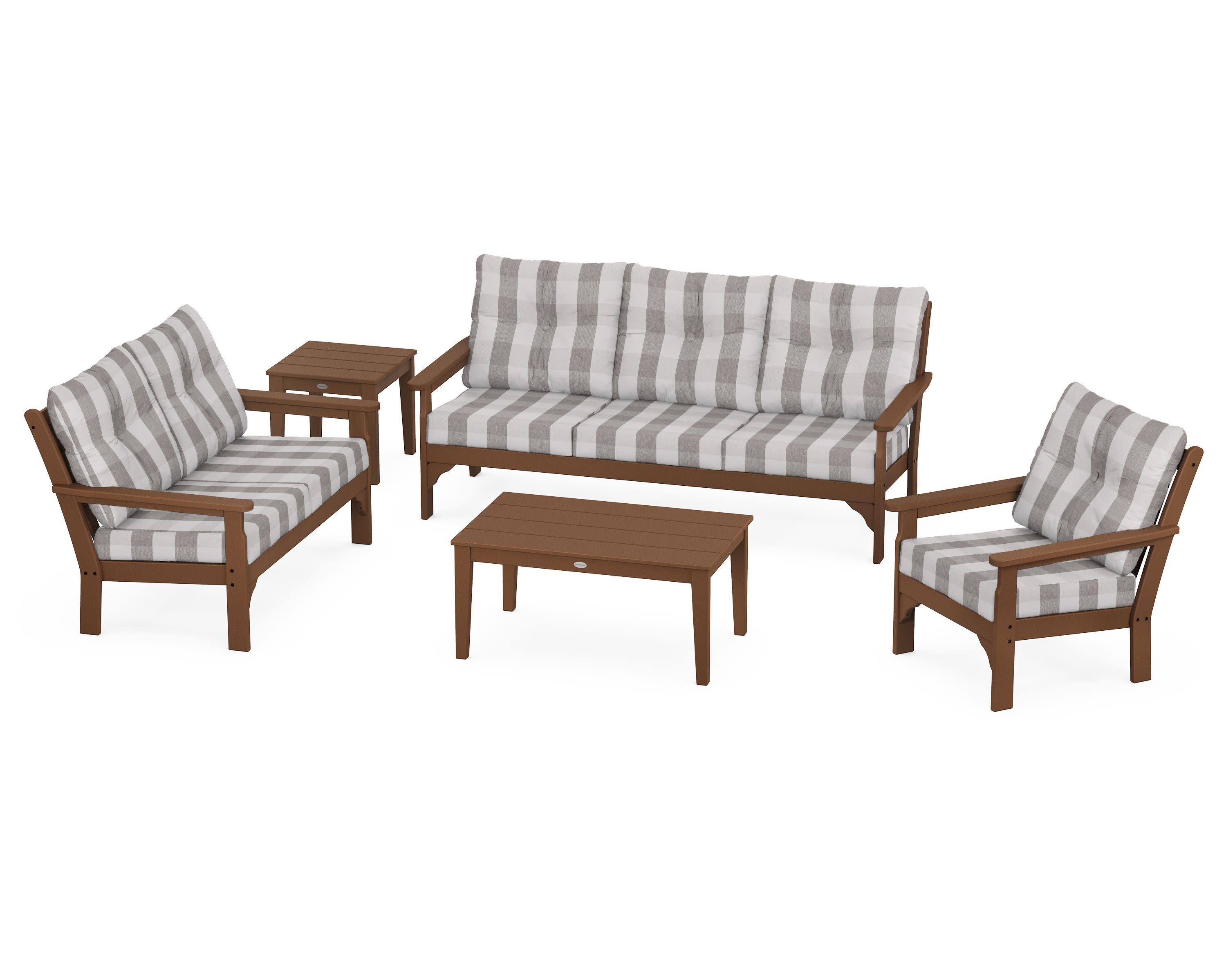 Vineyard 5 Piece Deep Seating Set in Teak / Buffalo Plaid Grey Mist