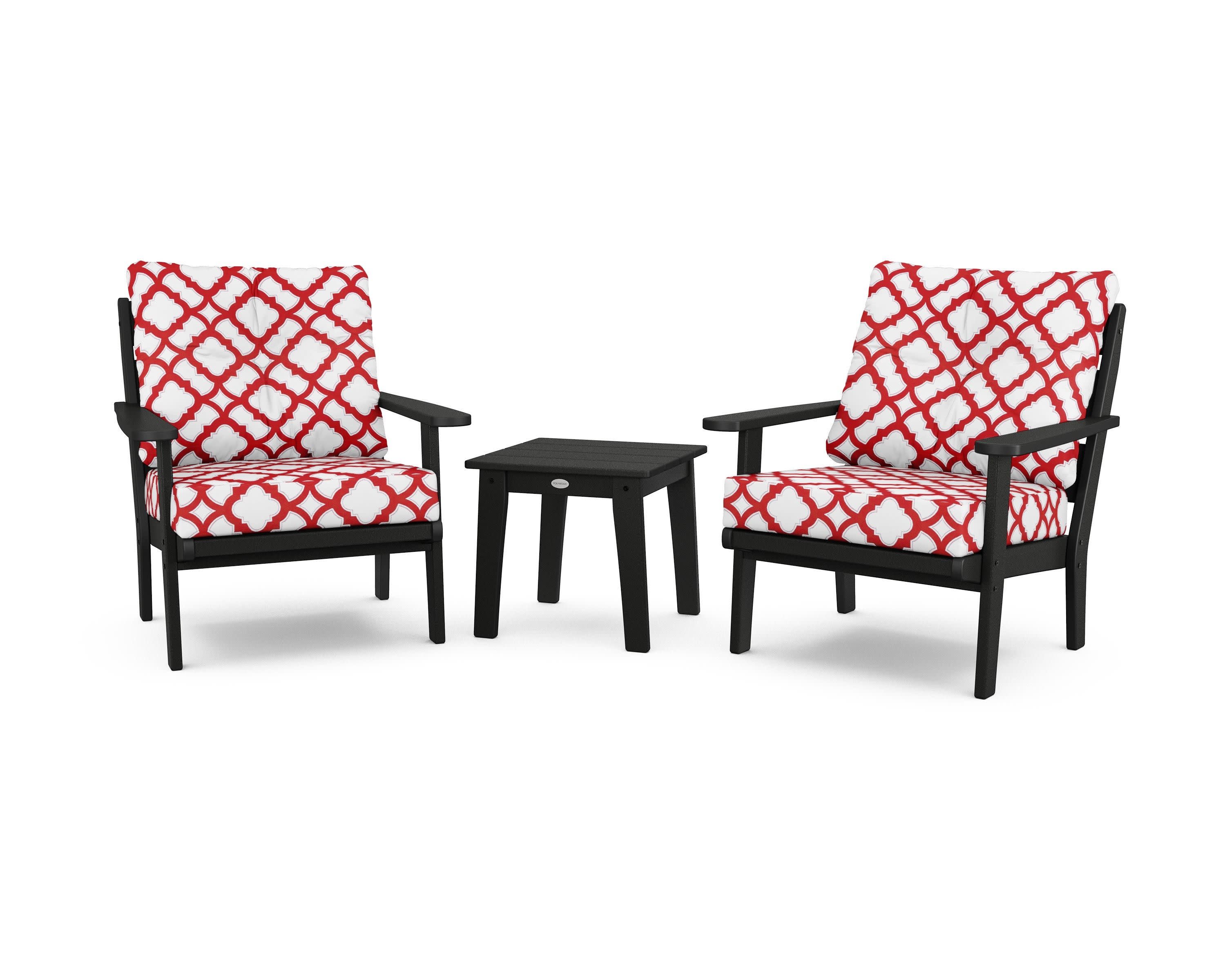 Lakeside 3-Piece Deep Seating Chair Set in Black / Trellis Crimson