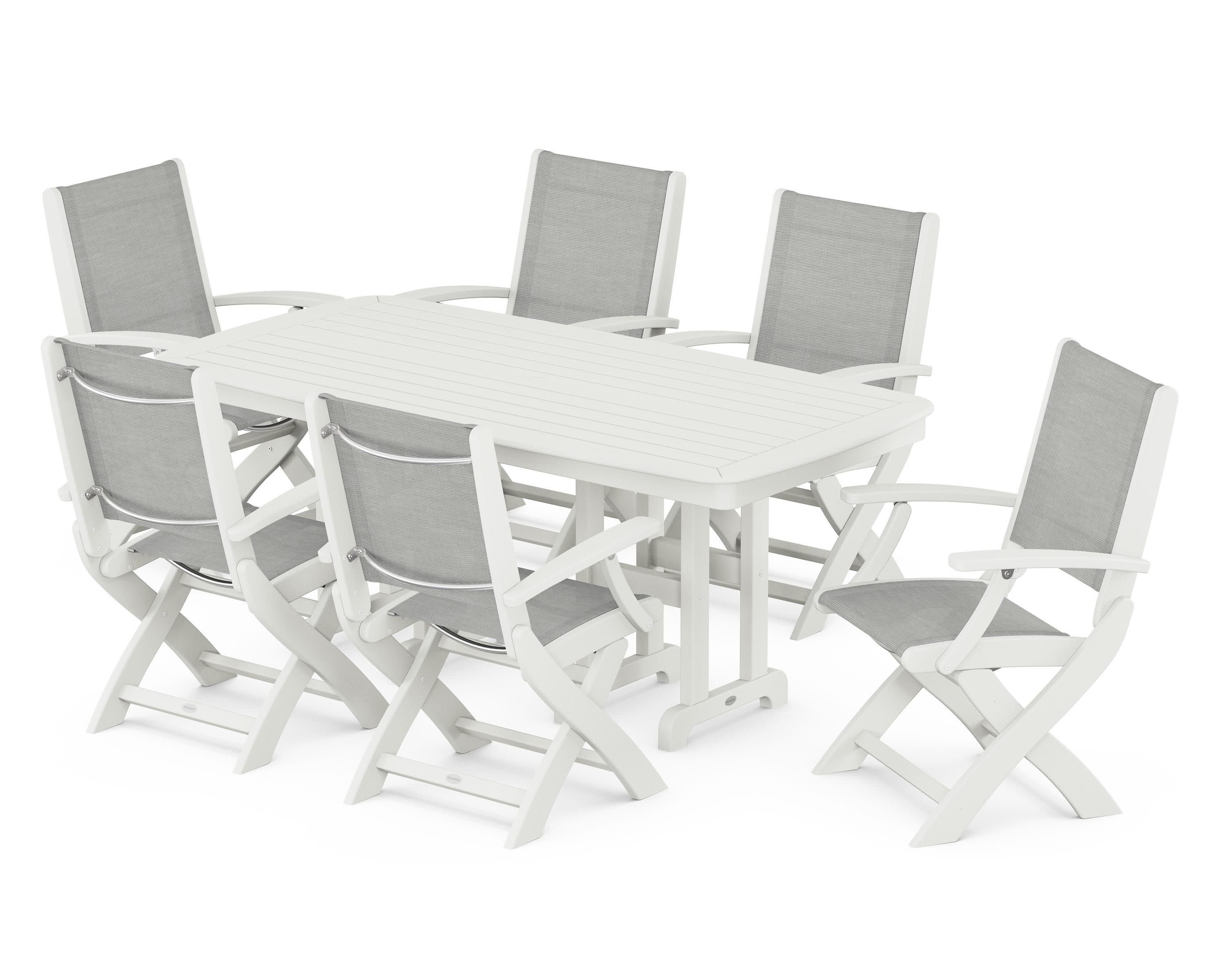 Coastal Folding Arm Chair 7-Piece Dining Set in Vintage White / Metallic Sling