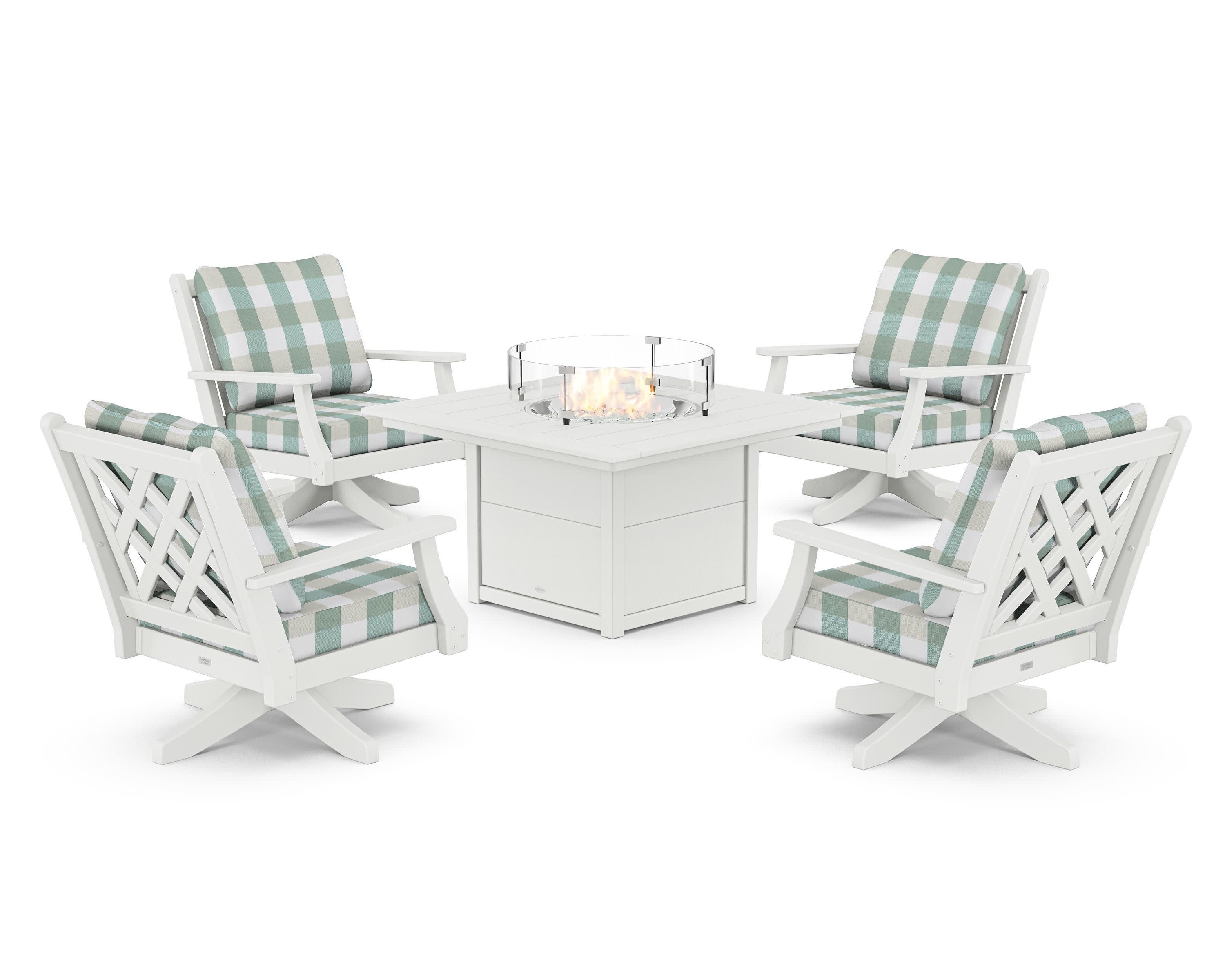 Wovendale 5-Piece Deep Seating Swivel Conversation Set with Fire Pit Table in White / Buffalo Plaid Glacier Spa