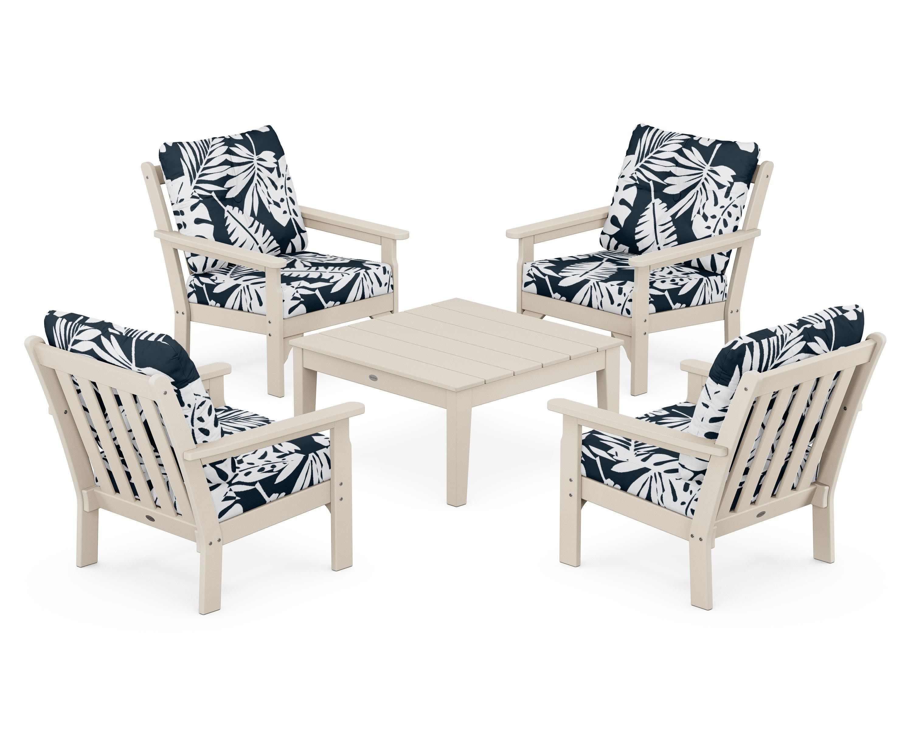 Vineyard 5-Piece Deep Seating Conversation Set in Sand / Leaf Marine Indigo