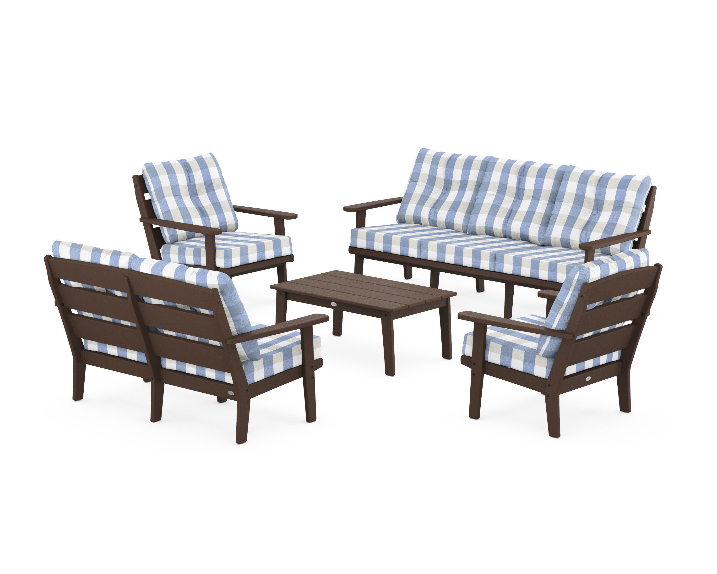Lakeside 5-Piece Lounge Sofa Set in Mahogany / Buffalo Plaid Sky Blue