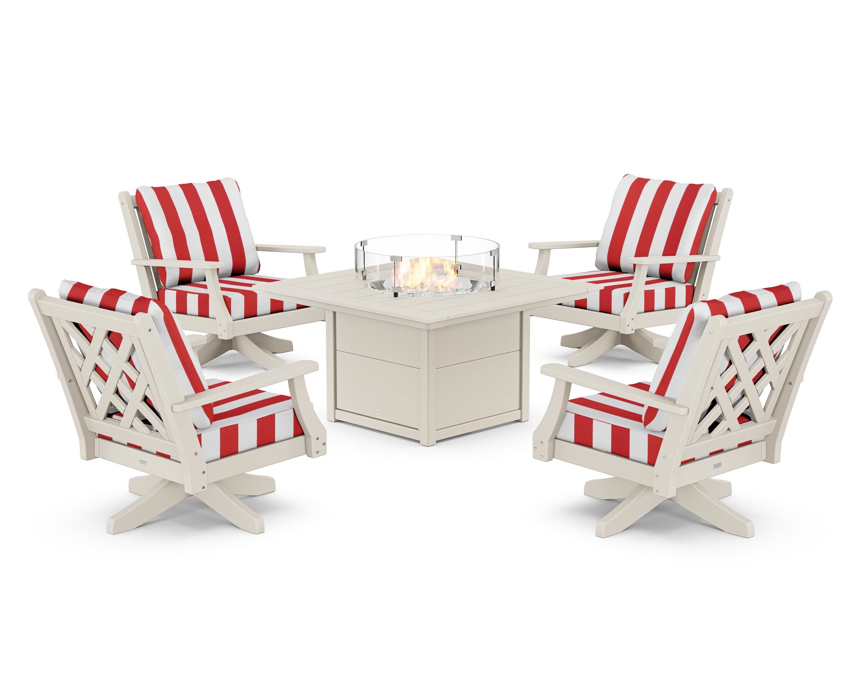 Wovendale 5-Piece Deep Seating Swivel Conversation Set with Fire Pit Table in Sand / Cabana Stripe Crimson