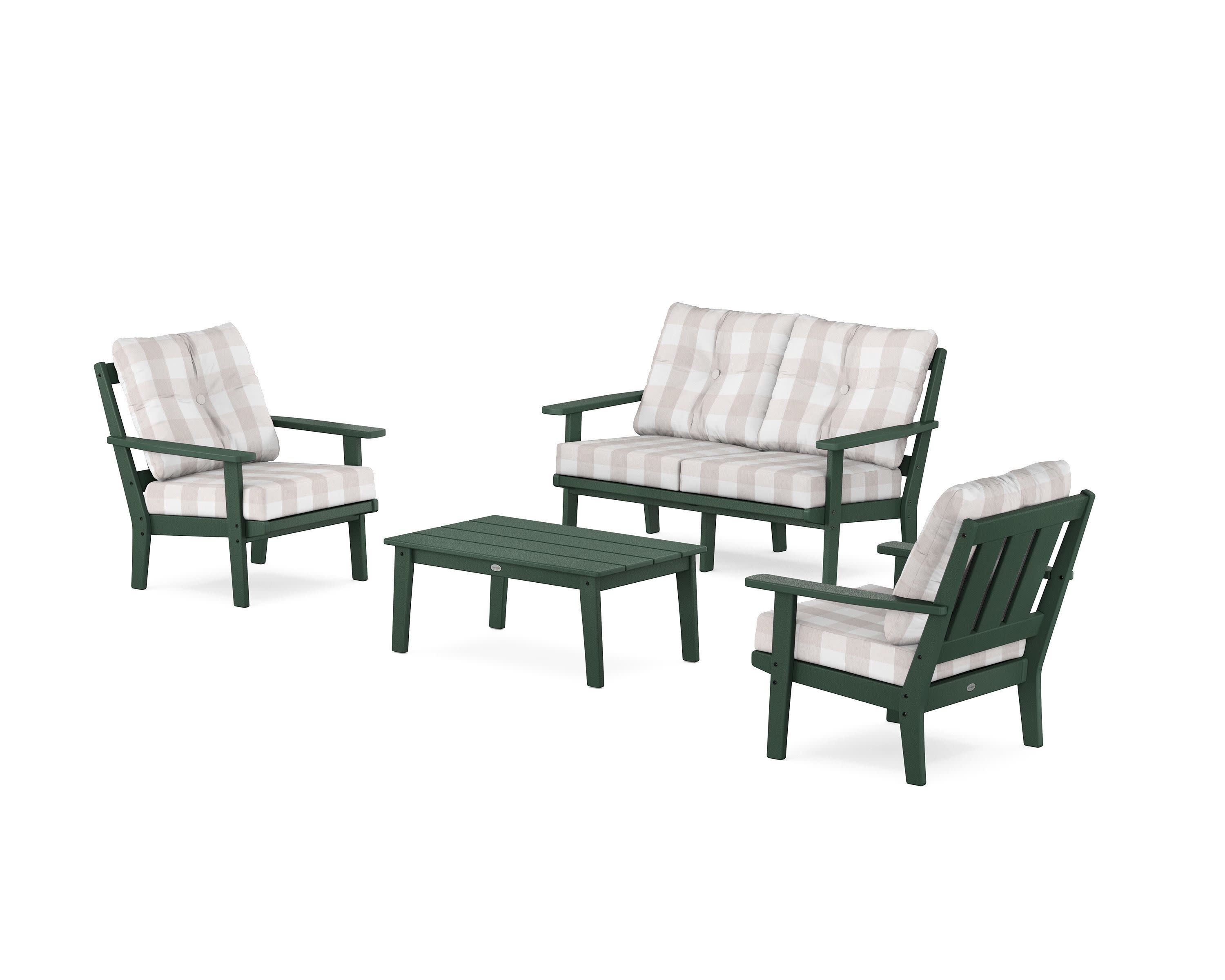 Oxford 4-Piece Deep Seating Set with Loveseat in Green / Buffalo Plaid Dune Burlap
