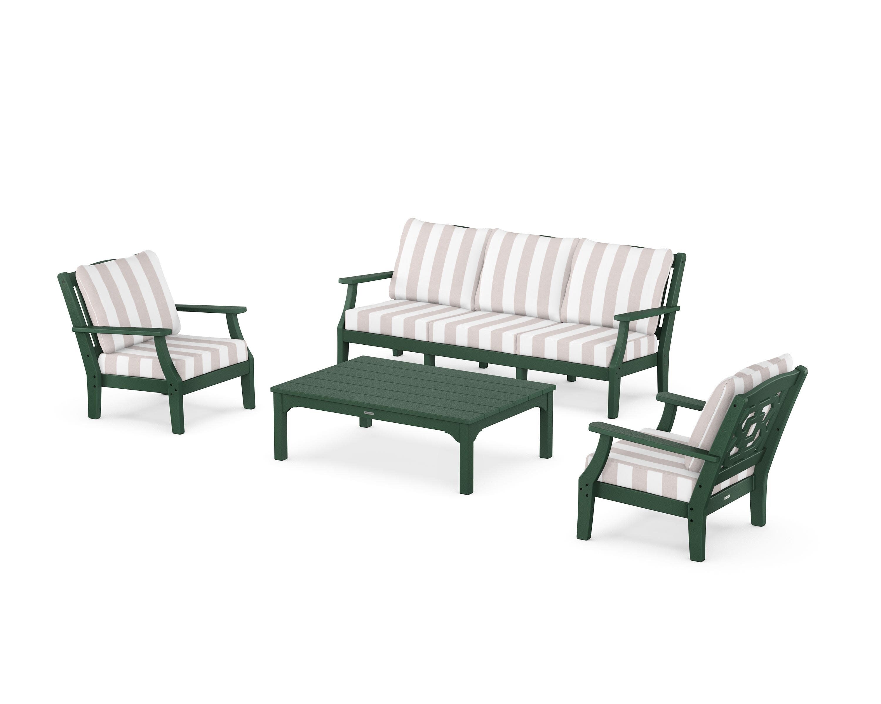 Chinoiserie 4-Piece Deep Seating Set with Sofa in Green / Cabana Stripe Dune Burlap