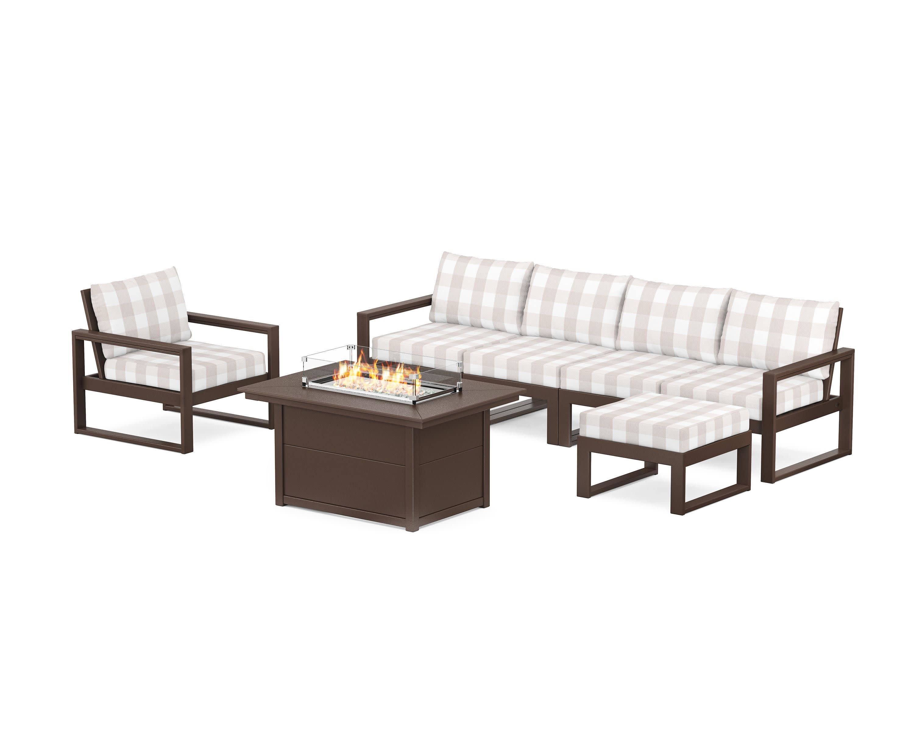 EDGE Sectional Lounge and Fire Pit Set in Mahogany / Buffalo Plaid Dune Burlap